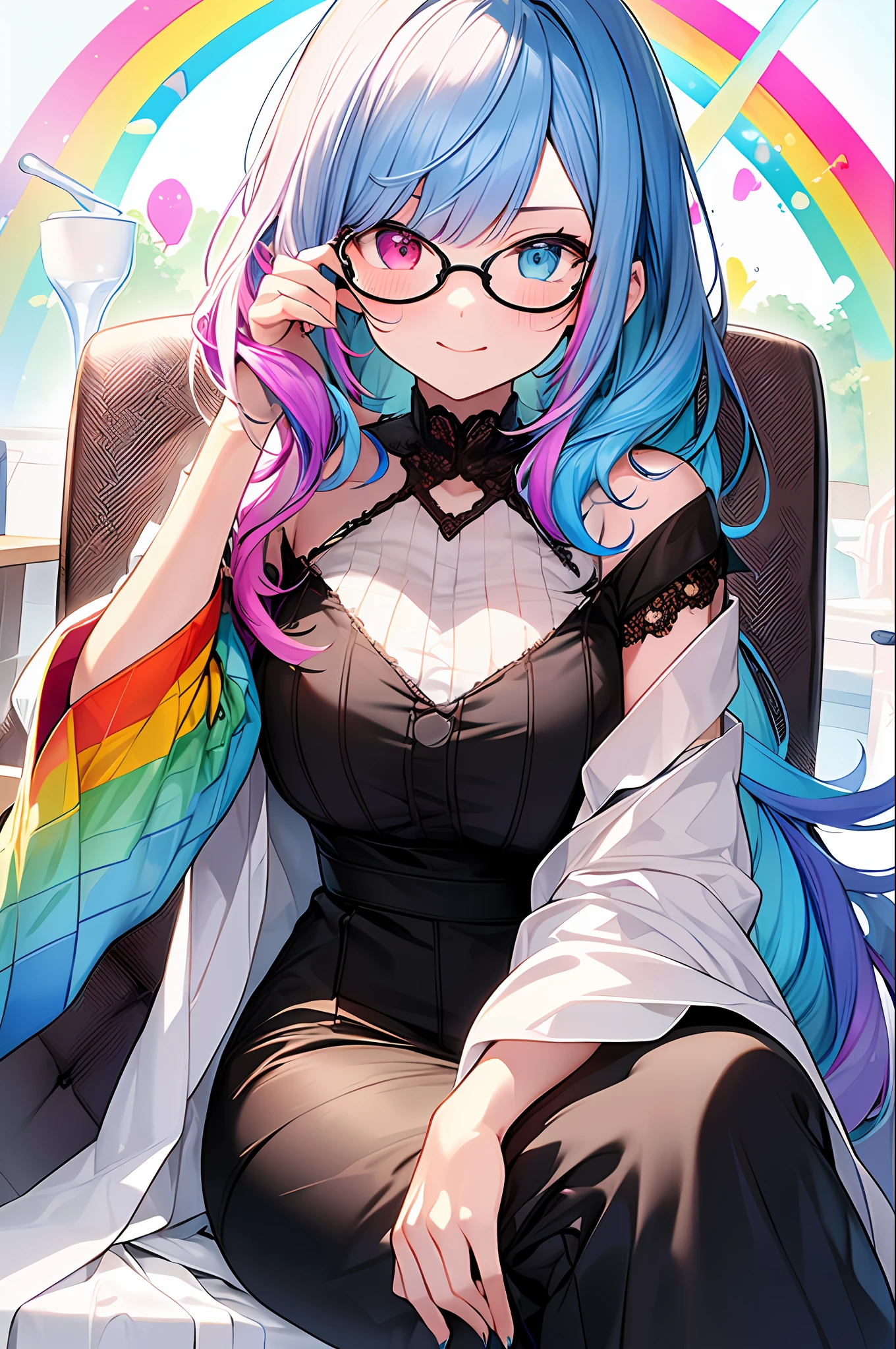 (Masterpiece, Top Quality, Best Quality, Watercolor (Medium), Official Art, Beautiful and Aesthetic: 1.2), (1 Girl: 1.3), (Fractal Art: 1.3), Full Body, (Sit on a Chair)), (Back Figure)), Pattern, (Iridescent Hair, Colorful Hair, Half Blue and Half Pink Hair: 1.2), Clouds, Colorful, Smile, Glasses, Close Up, Heterochromia, (Colorful: 1.5), (Shy Face), (((Rainbow)), ((Fullback))