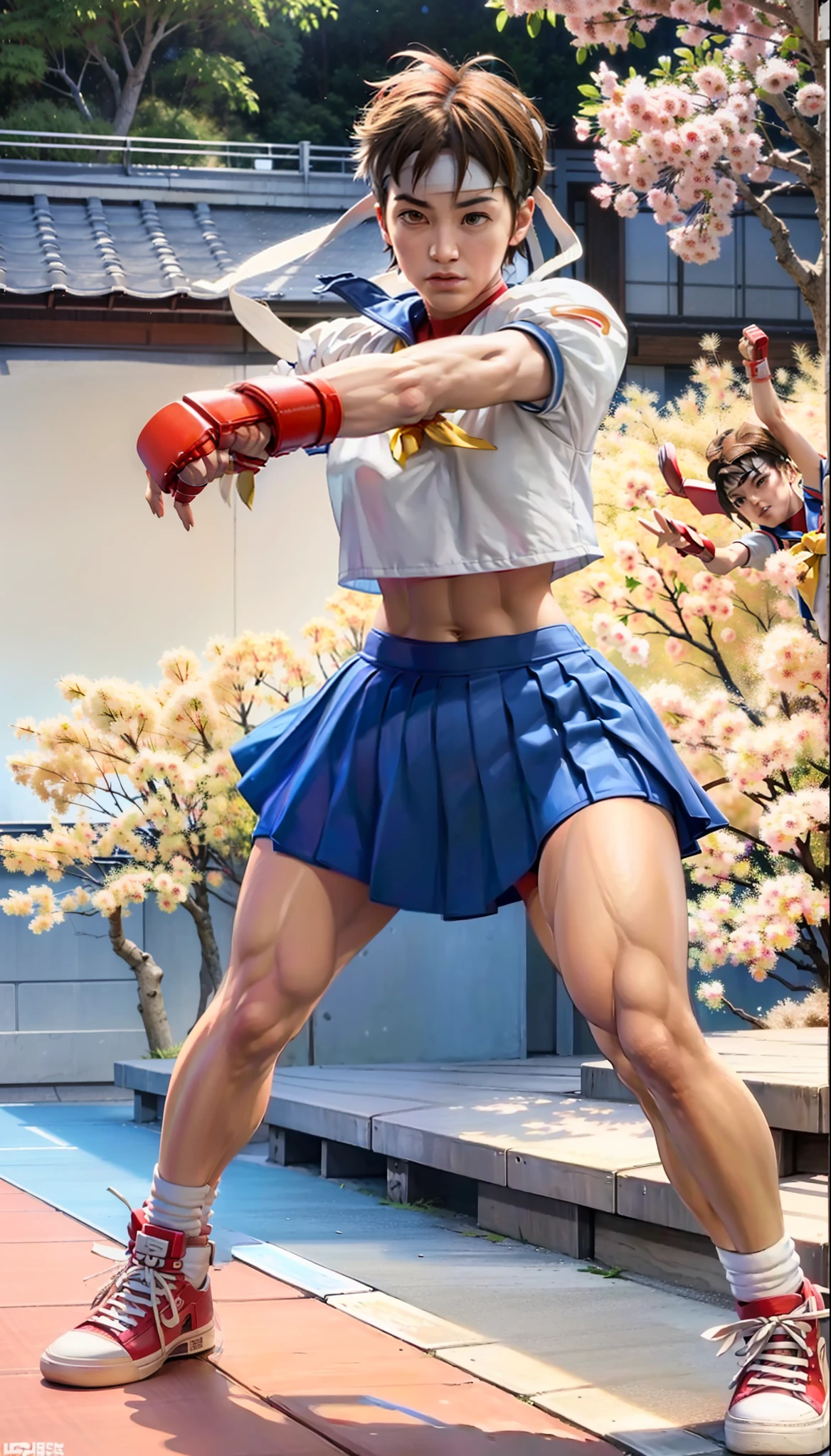 (masterpiece), (best quality), realistic illustration, digital painting, of Sakura's street fighter, a young high school fighter in a fighting pose. Hot body, slim body with curves, face with angry expression, realistic, highly detailed, vibrant colors. In the background a traditional Japanese town of the fourteenth century, cherry trees, Cherry leaves.