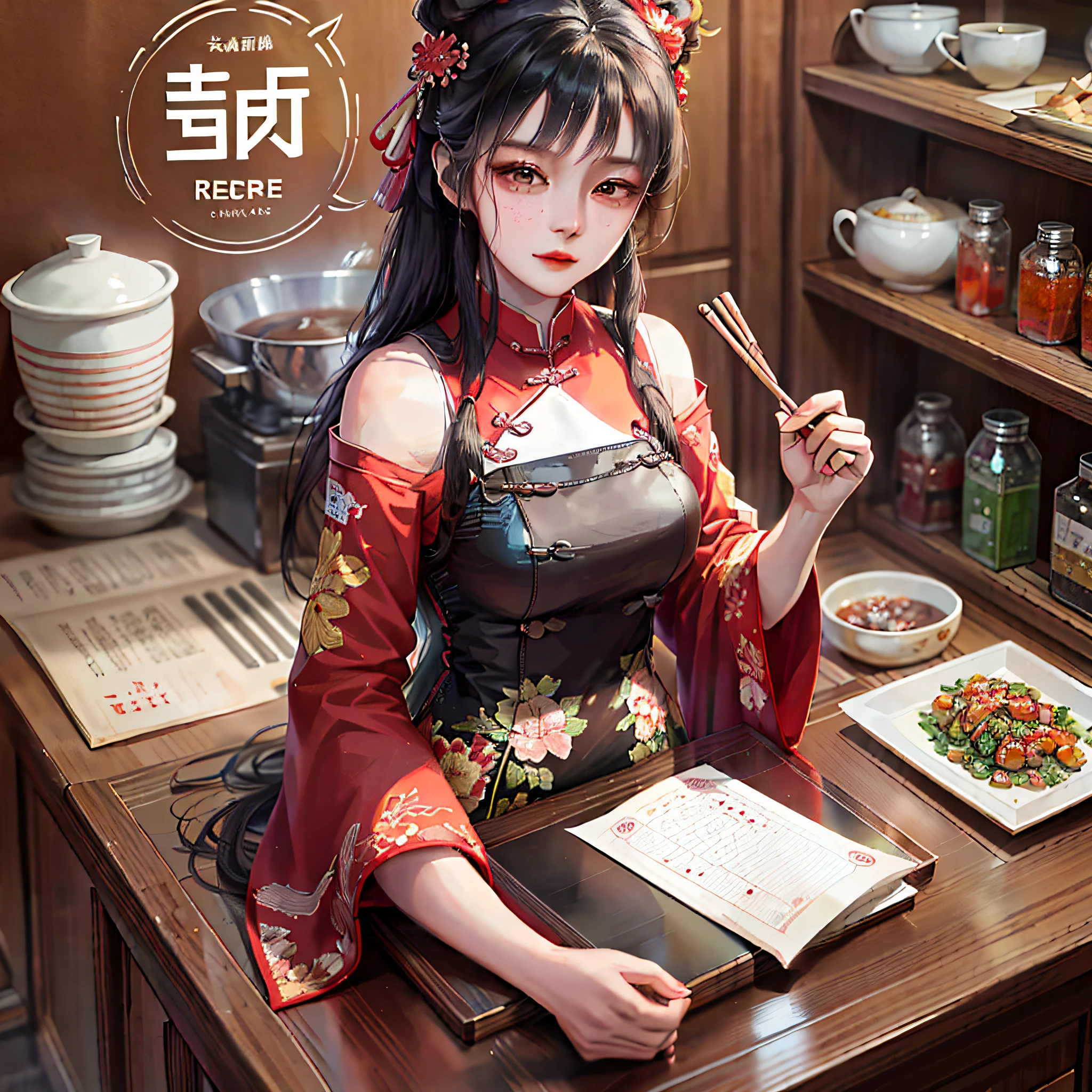 asian woman in traditional dress holding chopsticks and a book, trending on cgstation, by Yang J, artwork in the style of guweiz, by Zhou Fang, beautiful character painting, by Qu Leilei, by Zhou Wenjing, by Li Fangying, guweiz on pixiv artstation, by Fan Qi, guweiz, by Chen Lin