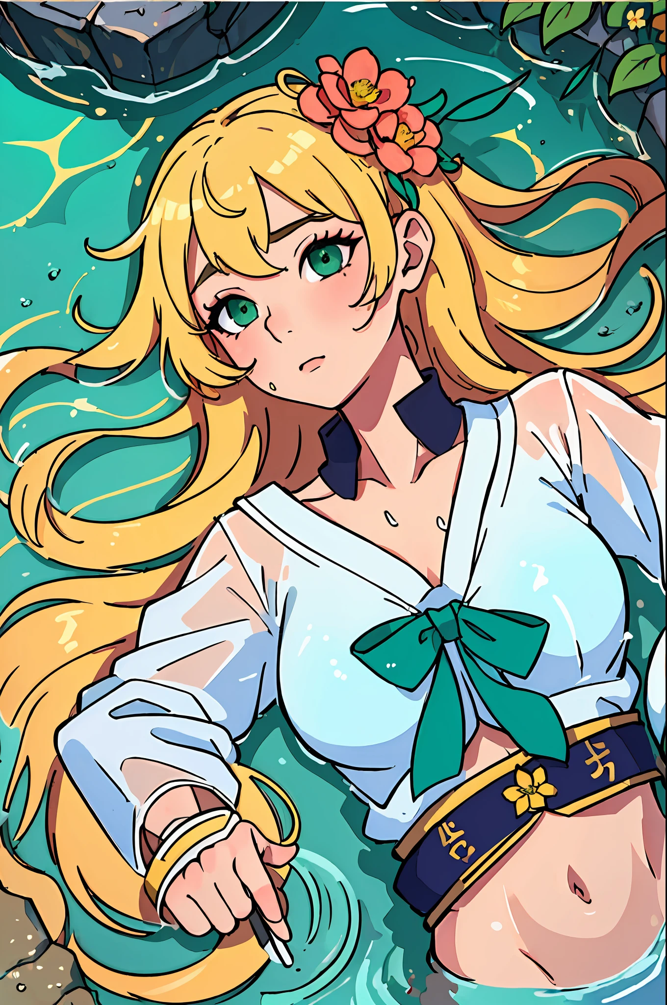 (perfect shadow:1.2),(best illumination:1.3),(high quality:1.1),(best lighting:1.2), An ancient korean beauty, laying on the water , blonde hair ,(wet), green eyes, school uniform murals, gorgeous ancient korean , korean school uniform costumes, flowing tulle, exposed navel, random hair color , flower hairpins, cgstation popular --v 6