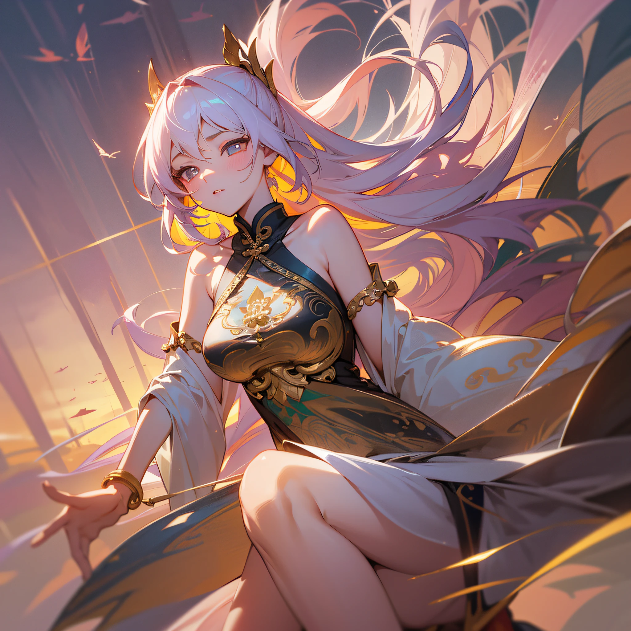 Dynamic lighting, high resolution, sharp focus, depth of field, best shadows, masterpiece, best quality, very detailed CG "Chinese ancient style, fairy air fluttering, Dunhuang elements, graceful, 1girl, royal sister, expressionless, bracelet, leg ring, anklet, bare waist, delicate pupils, bare shoulders, gauze streamers, barefoot, pale pink lips, delicate facial features, beautifully dressed, 18 years old, soaring, side sleeping, flying sky, pipa, semi-realistic, aesthetic, delicate, dignified, body complete, facial details, body details, body details, Large clouds, sunset. " --auto --s2