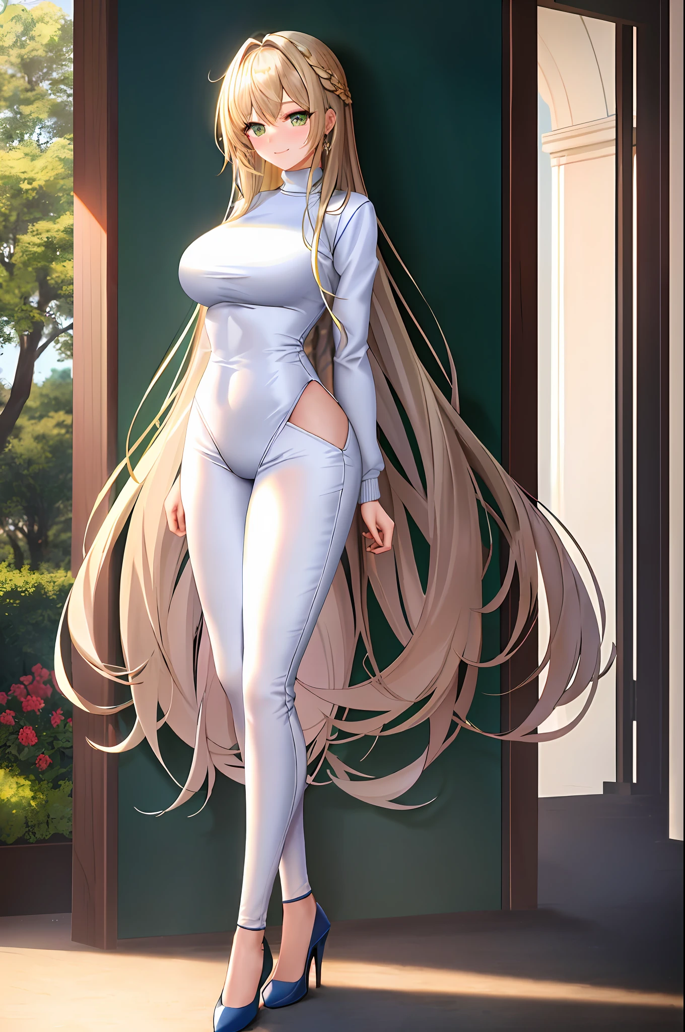 Masterpiece, best quality, super detailed, beautiful lighting, woman, white floor-to-ceiling super long hair, huge, huge buttocks, abs, exaggerated waist-hip ratio, extremely tall figure, skinny jeans, high heels, full body shot (green eyes: 1.3), (white sweater: 1.2), turtleneck half-breasted cut sweater, standing, in the park, beautiful scenery, slight blush, smile, (cute smile: 1, 1), (oily lips: 1.1), (beautiful eyes: 1.1), wonderful back, Shut your mouth and put your arms behind your back