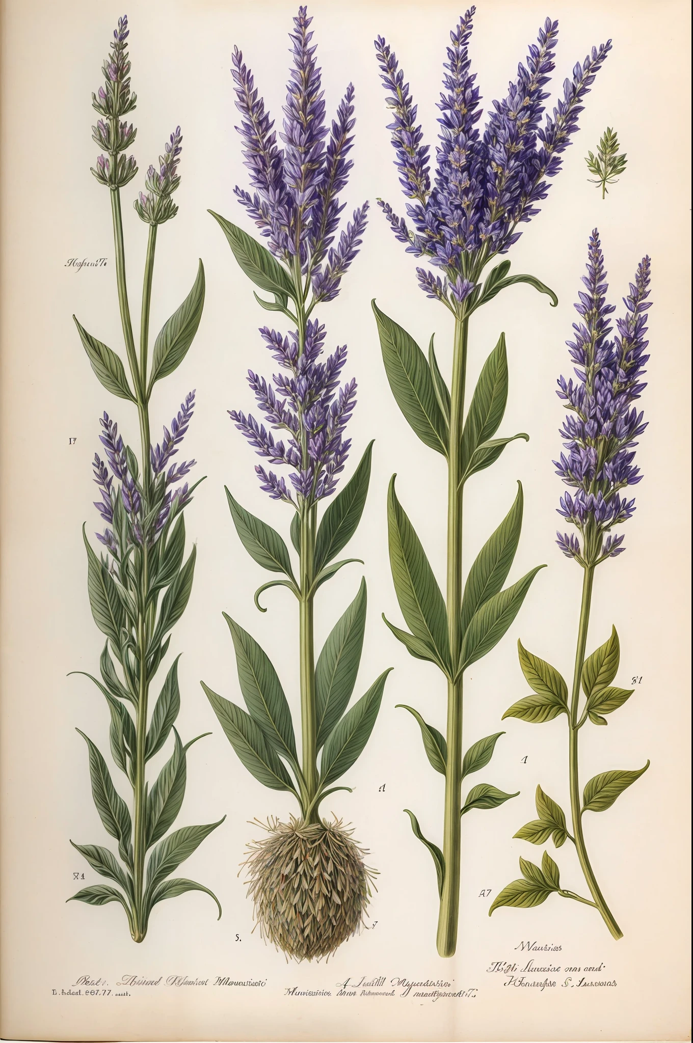 (best quality:1.2), (detailed:1.2), (masterpiece:1.2), vintage botanical illustrations of lavender (1770 1775) in high resolution by John Edwards