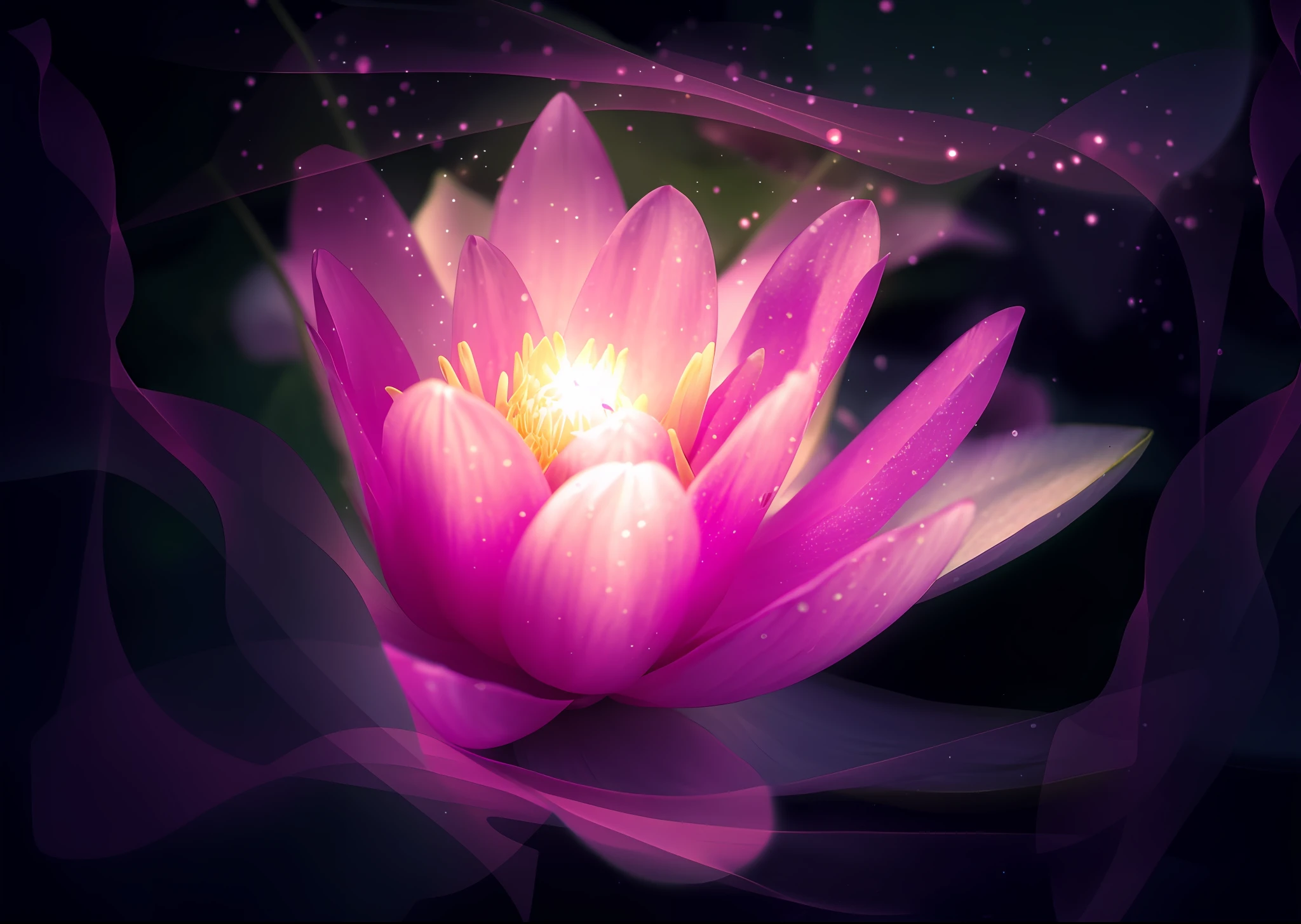 purple water lily with a starburst in the background, glowing delicate flower, lotus flower, lotus, magical flowers, with lotus flowers, luminous flowers, lily flowers. 8 k, lily flower, beautiful wallpaper, pink lotus queen, lotus flowers on the water, sitting on a lotus flower, beautiful flower, lotus petals, beautiful image, lotus flowers, glowing flowers --auto --s2