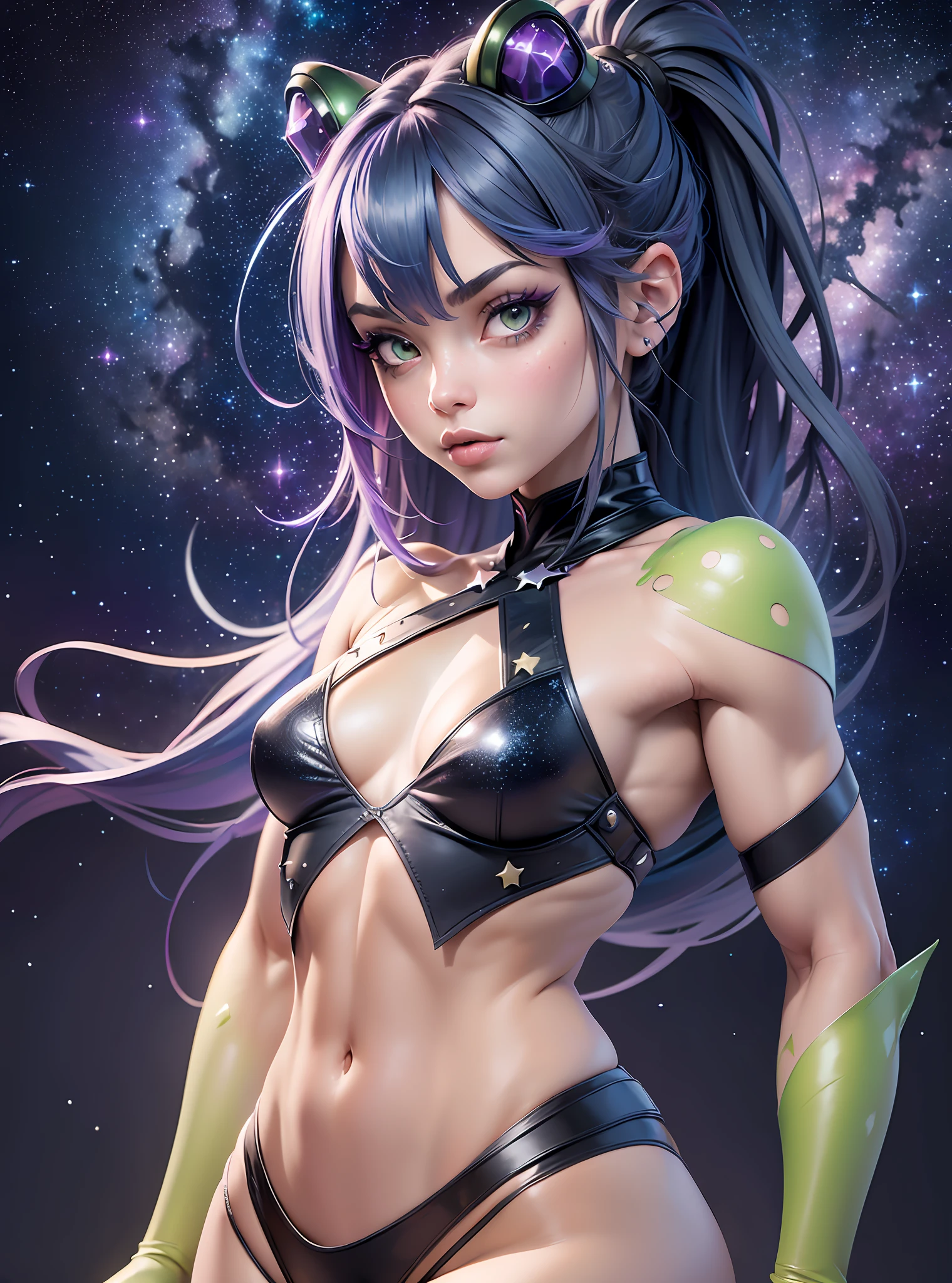 ((Best Quality)), ((Masterpiece)), ((Realistic)) and watercolor drawing of a frog-girl (full body) with goth colors. She has ((starlight hair)), wears a (small black micro-thong:star motif ) , ((beautiful and aesthetic)), muscular fit body abs, sexy, under-boobs, hot, (star filled sky background) (clear background:1.35), (particles ,firefly, blue glowing):1.3,