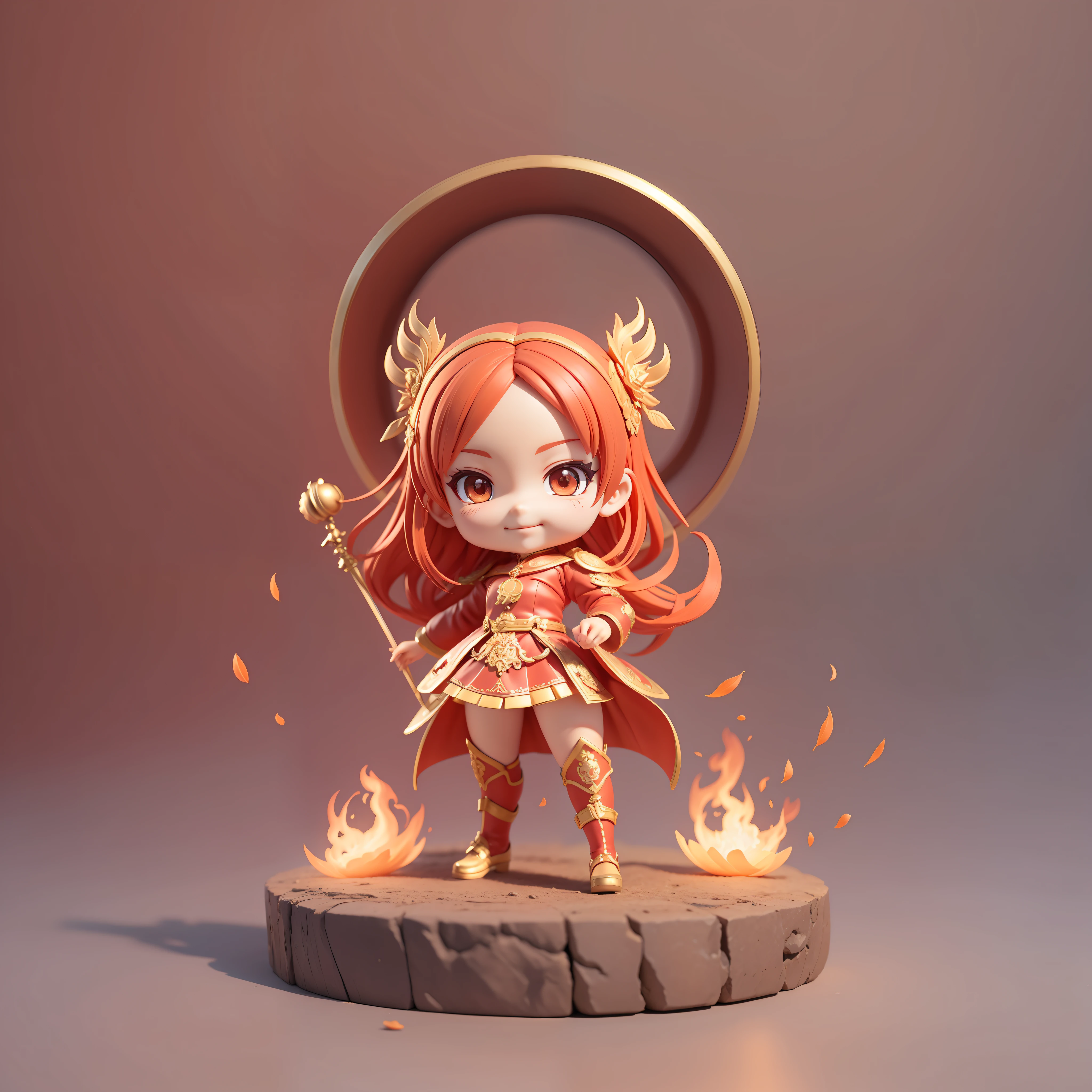 Masterpiece, Best Quality, Lots of Detail, (Full Body:1.2), Chibi, Girl on Fire, Red Hair, Tang Costume, Arrogant, Grinning, 3D Rendering, Q Print Style