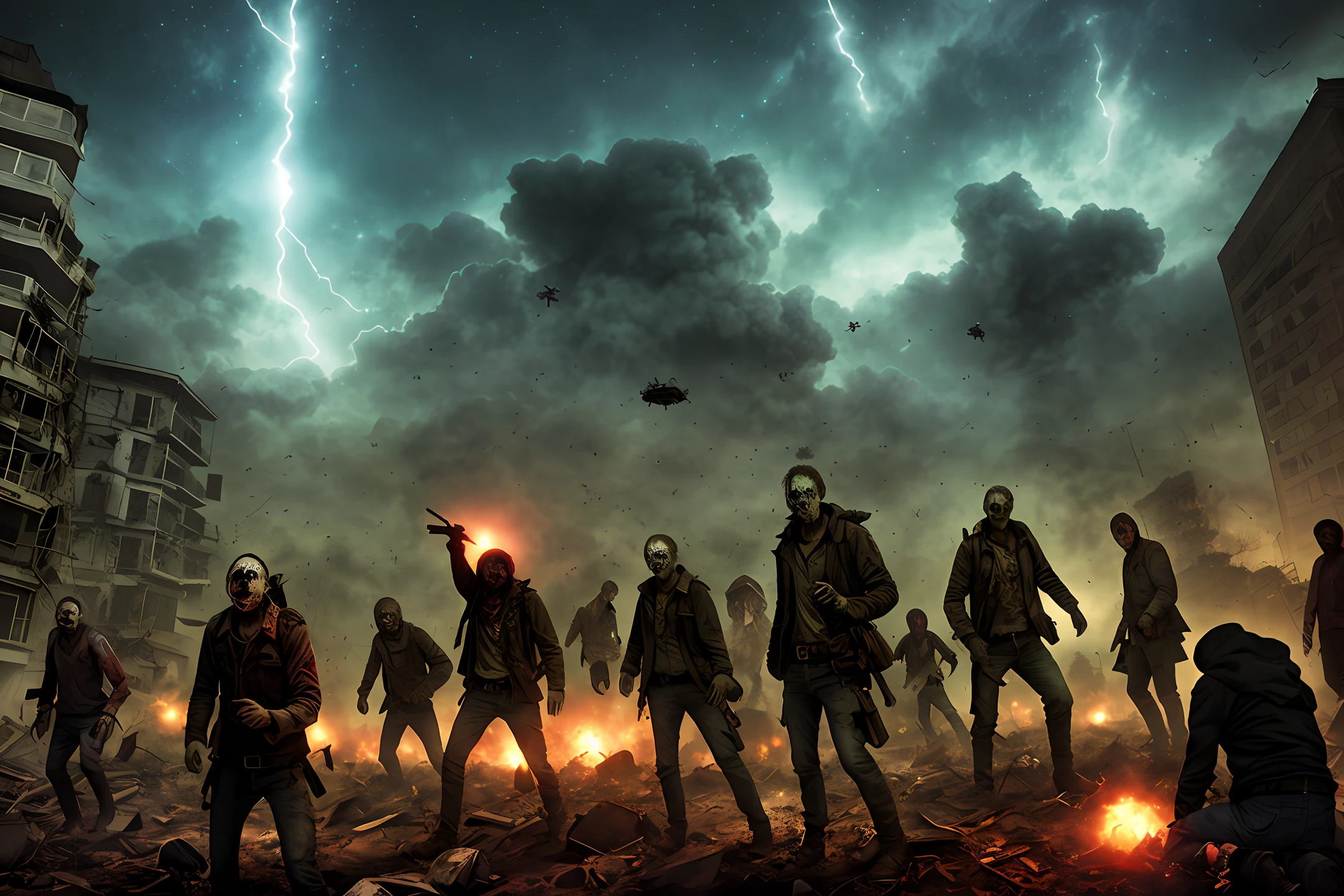 Apocalyptic scenario, with zombies and stars falling from the sky