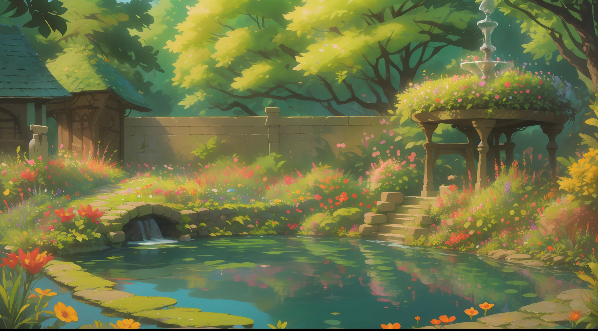 A breathtakingly beautiful garden filled with a stunning array of colorful flowers, lush greenery, and tranquil water features, surrounded by a serene and peaceful atmosphere.