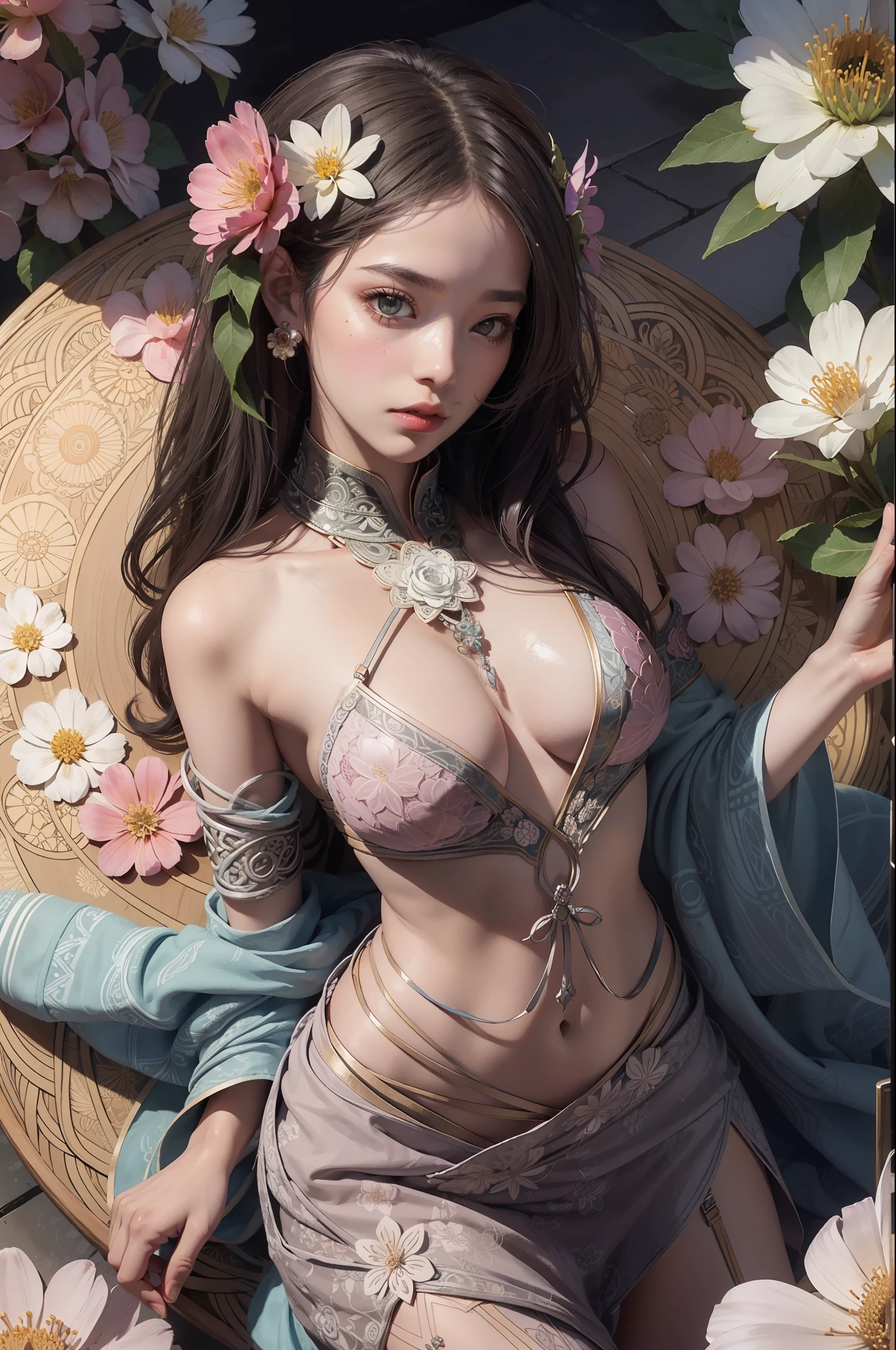 1girl, solo, waist up, from above, (zentangle, mandala, tangle, entangle), (flower blossom:1.2) official art, unity 8k wallpaper, ultra detailed, aesthetic, masterpiece, best quality, photorealistic
