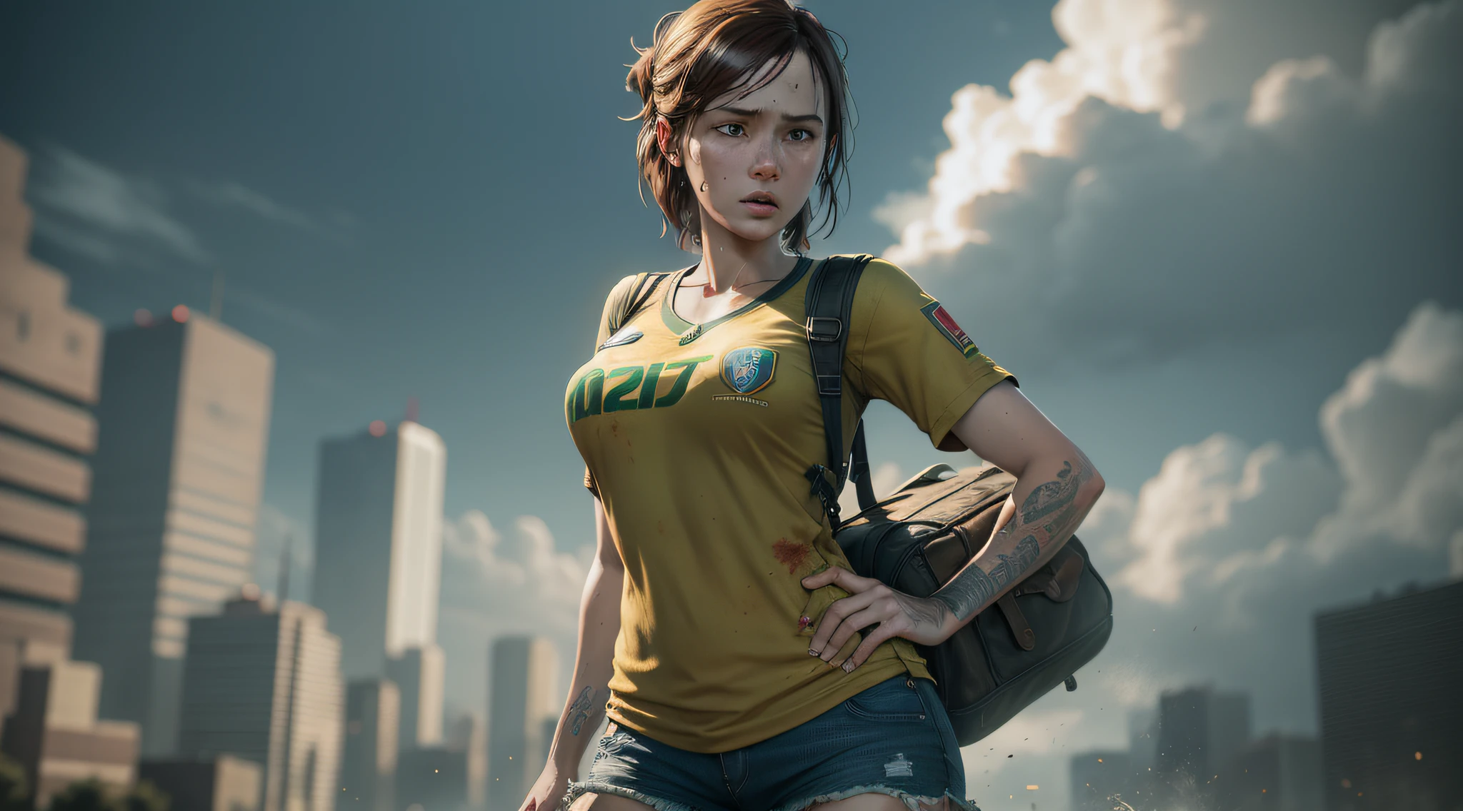 The Last of Us Part 2, a sexy woman Ellie, wearing the shirt of the Brazilian national team.