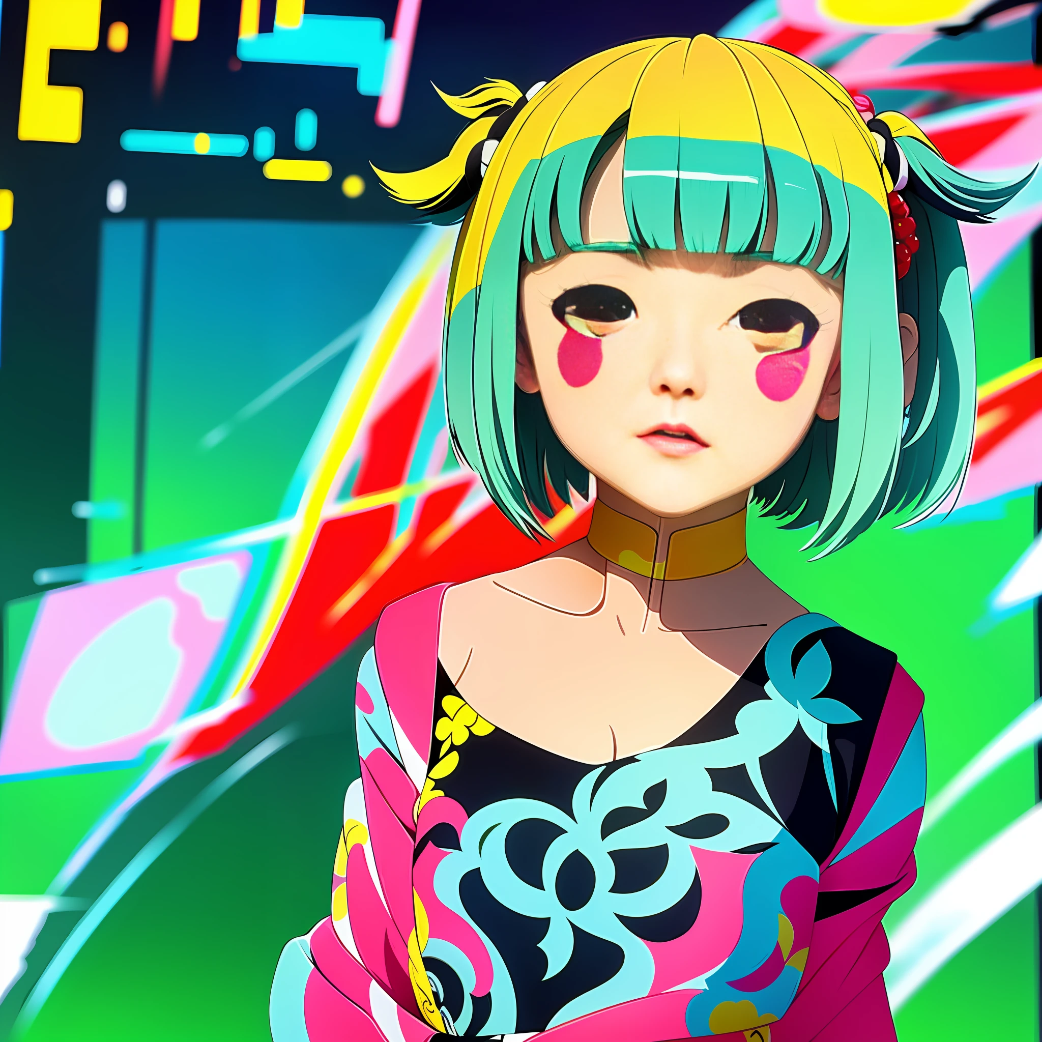 A bust of a girl in Chinese costume with solid colors, bold lines and solid colors on the background, Japanese manga style