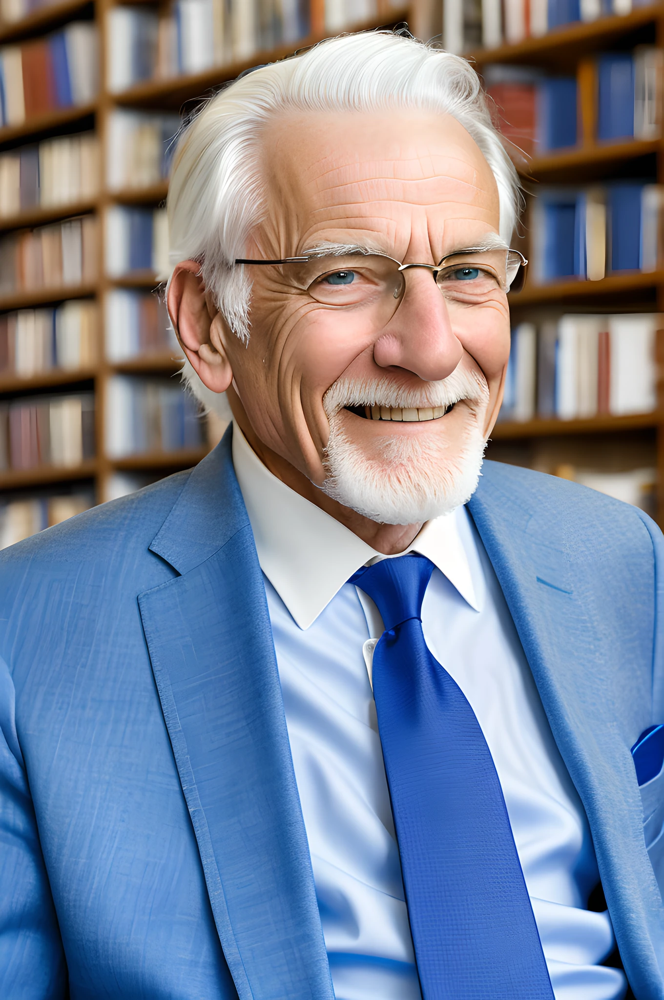 Realistic, image, photography, real photo printing, bookshop in the background, real person, white hair, old man, 65 years old, suit, blue tie, wooden table, sitting on table, hands crossed, serious smile --auto --s2