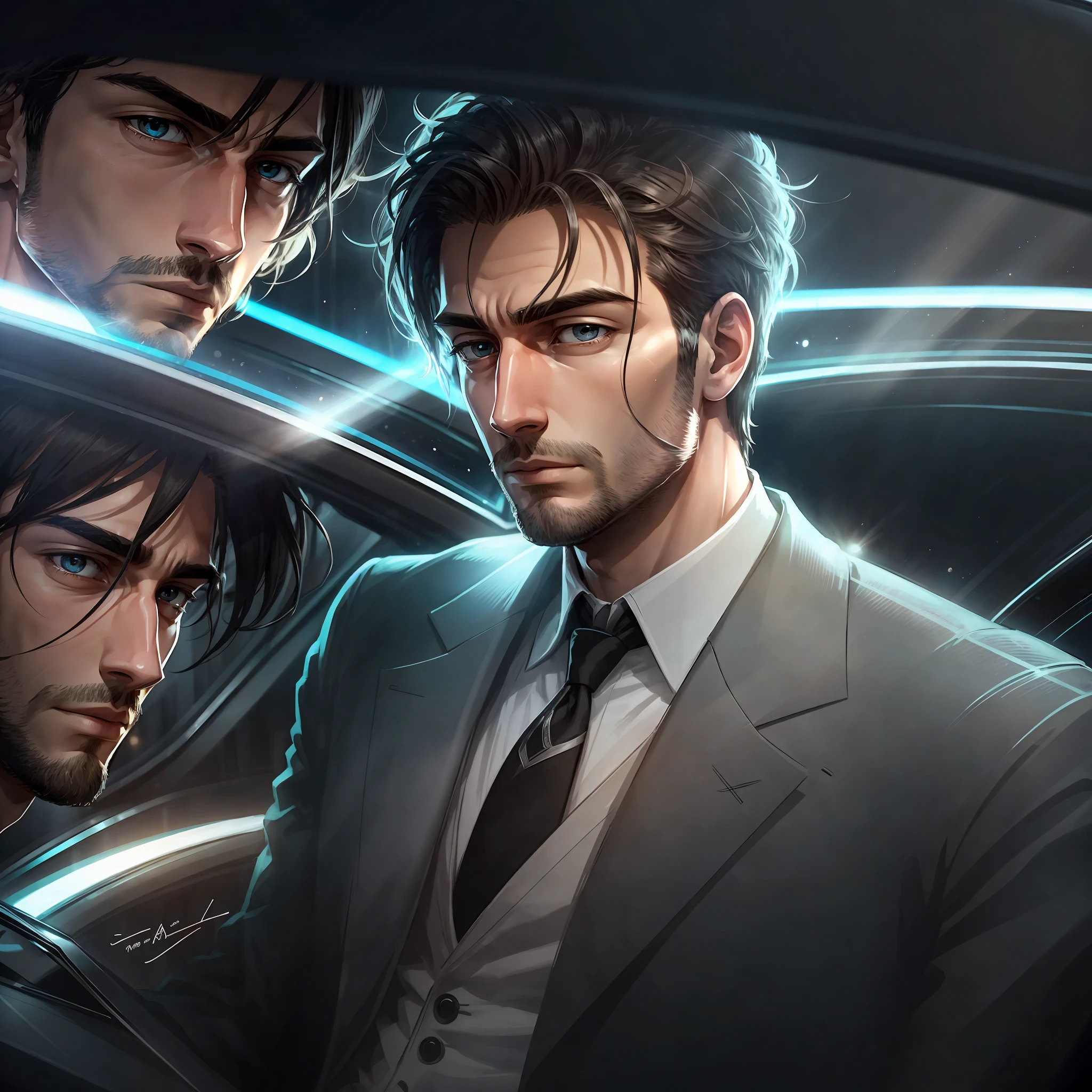 illustration style, hdt, whit hair, man, God, handsome, light rays, Luxury car --auto --s2