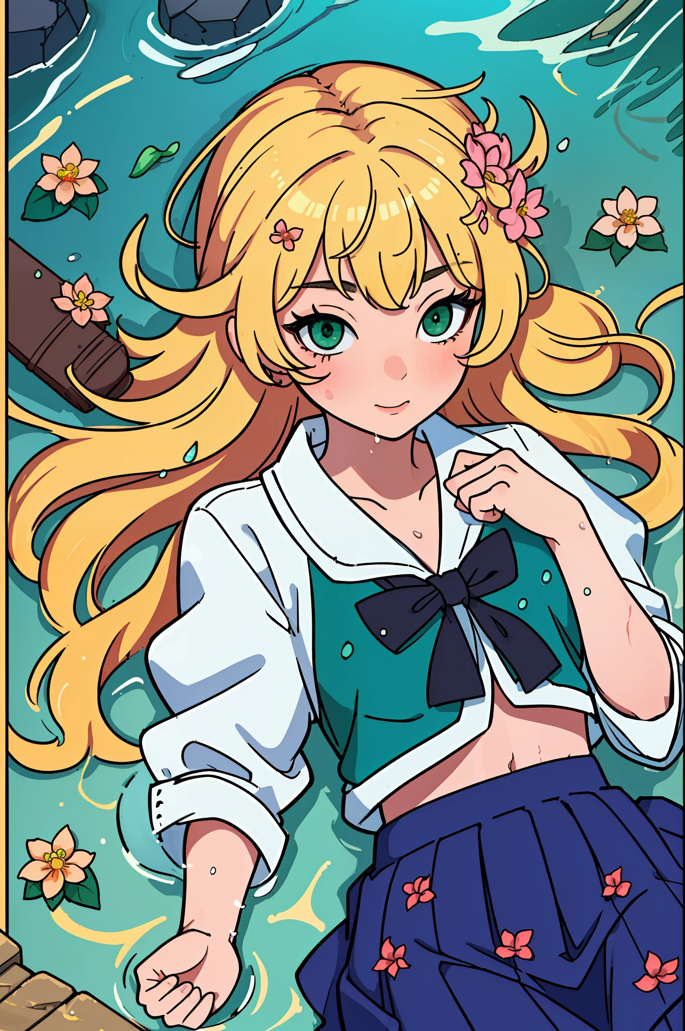 (perfect shadow:1.2),(best illumination:1.3),(high quality:1.1),(best lighting:1.2), An ancient korean beauty, laying on the water , blonde hair ,(wet), green eyes, school uniform murals, gorgeous ancient korean , korean school uniform costumes, flowing tulle, exposed navel, random hair color , flower hairpins, cgstation popular --v 6