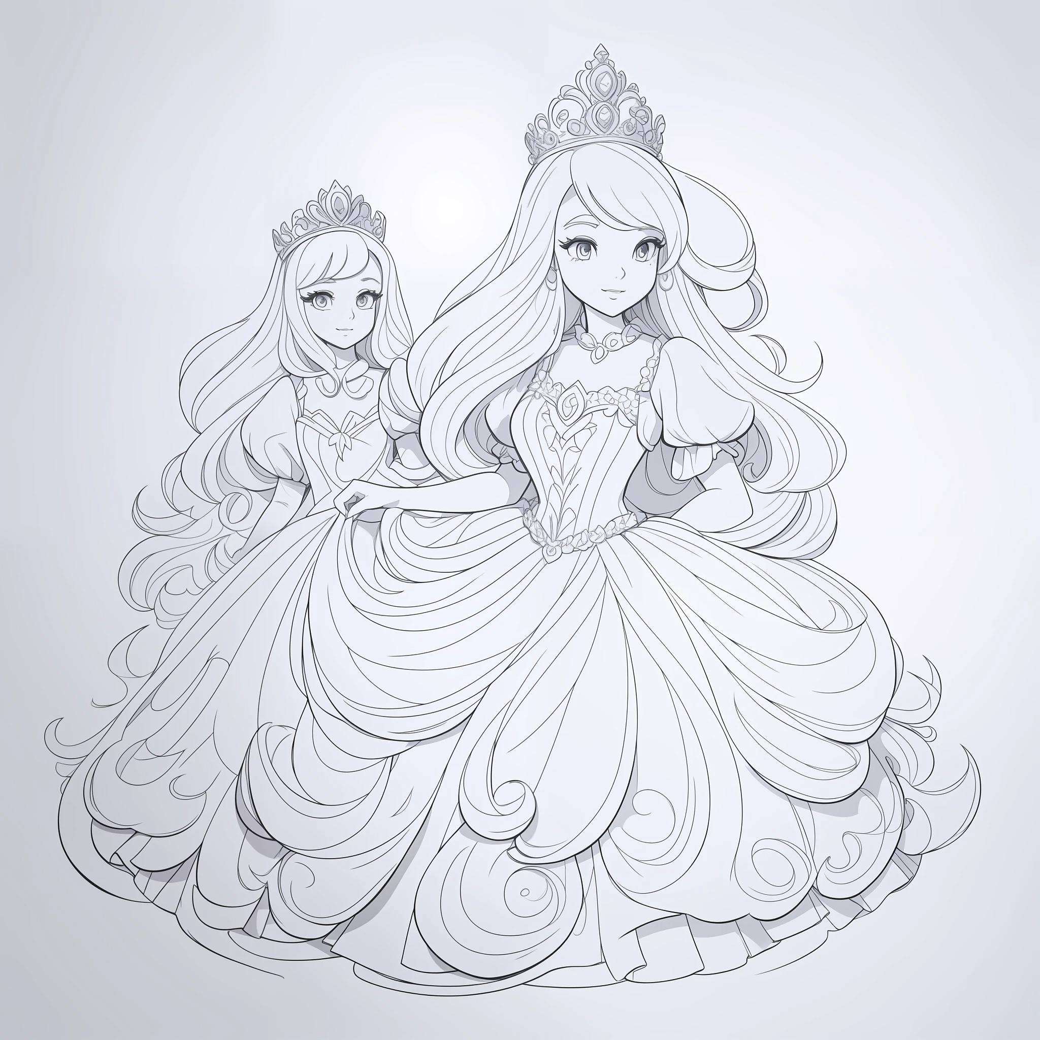 coloring page drawing, lovely princess, with princess dress, cartoon style, ultra clean white drawing, extremely beautiful, ((((pure white background))))), drawing line, highest quality, cartoon style, an illustration that pays homage to the iconic styles of Carl Barks, two-dimensional, planar vector, character design, sketch style, vector art, fantasy art, Adobe Illustrator, low polygon, soft lighting, isometric style, focus on people, 8K resolution, sharp lines, octane rendering, --auto --s2