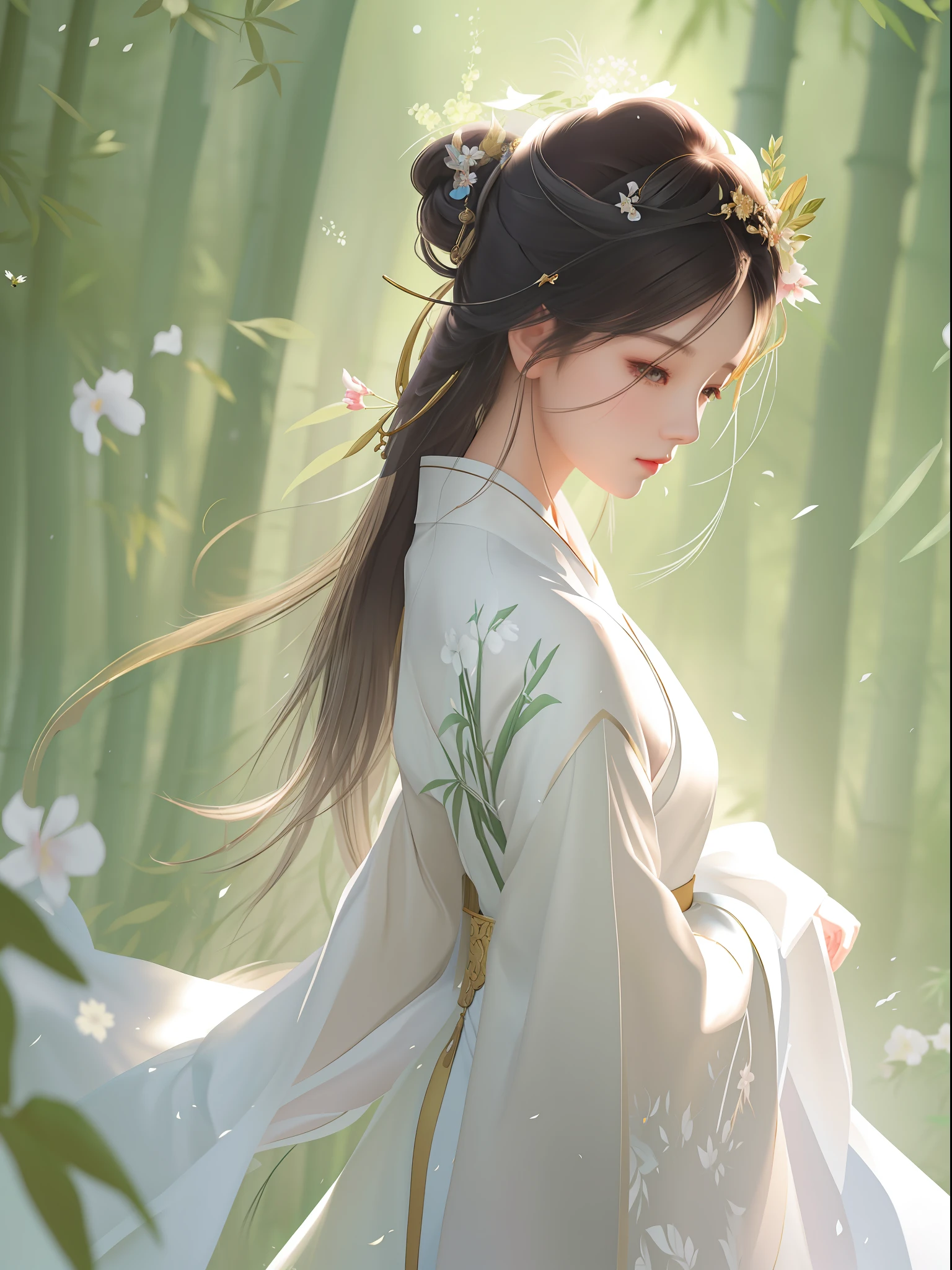 arafed woman in a white dress standing in a bamboo forest, beautiful character painting, palace ， a girl in hanfu, guweiz, a beautiful artwork illustration, beautiful digital artwork, artwork in the style of guweiz, by Yu Zhiding, by Zhou Wenjing, by Zhang Han, by Li Song, by Yang J, beautiful digital illustration