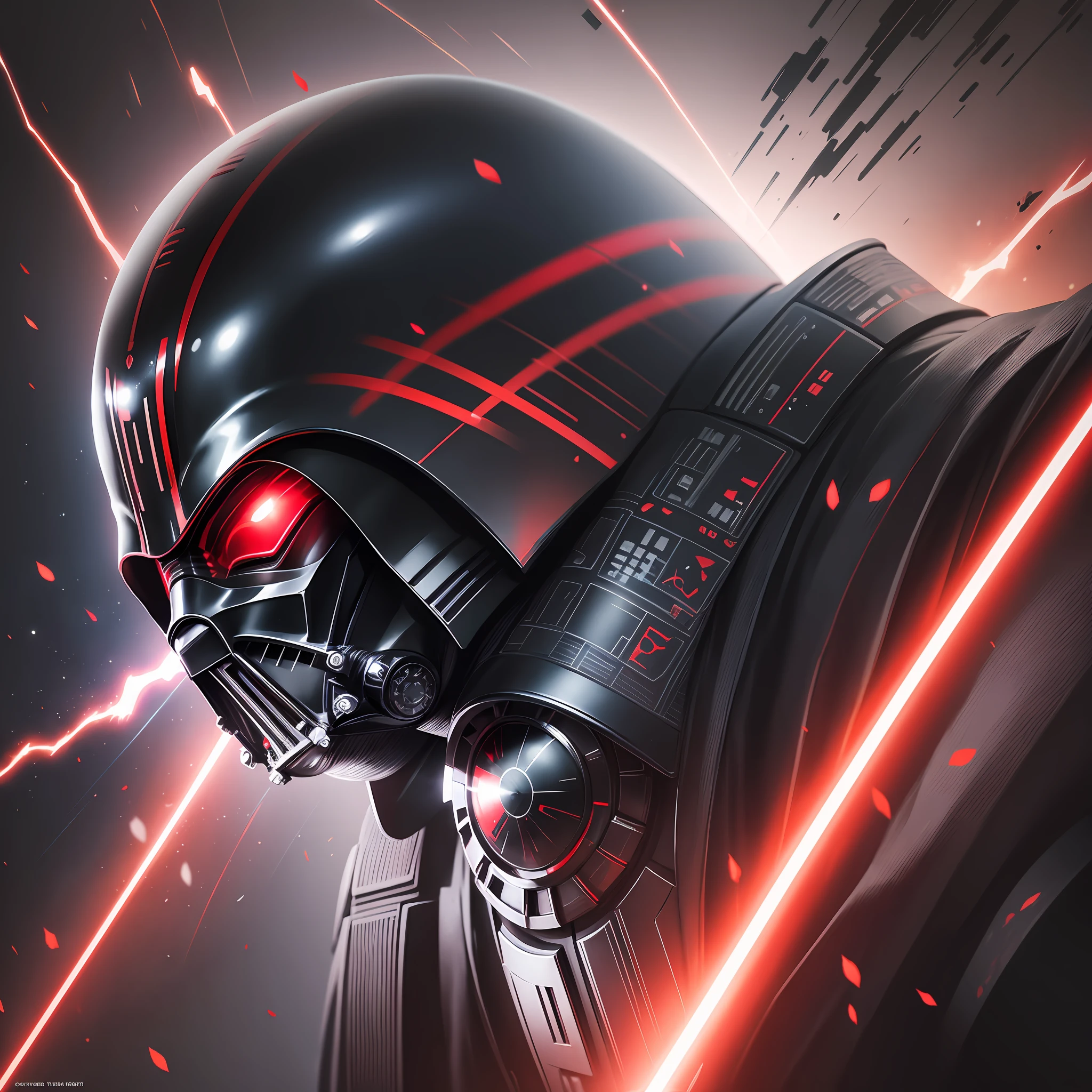 (masterpiece), best quality, ultra-detailed,(1person),Vader portrait profile,(red lightsaber),dark side,metallic texture of the suit,great force power behind,powerful aura,glowing red eyes,star wars aesthetic,space atmosphere,dynamic angle,dynamic pose,Vader mask silhouette,smog,lightsaber trail,Galactic Empire emblem,fire sparks,red&black color grading. --auto --s2