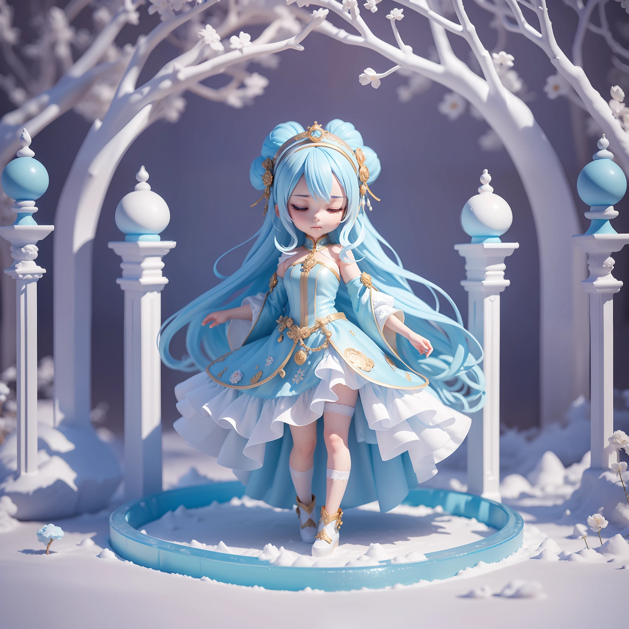 Masterpiece, best quality, lots of detail, (full body:1.2), chibi, ice girl, light blue hair, magician long dress, high cold, close eyes, 3D rendering, Q printmaking style