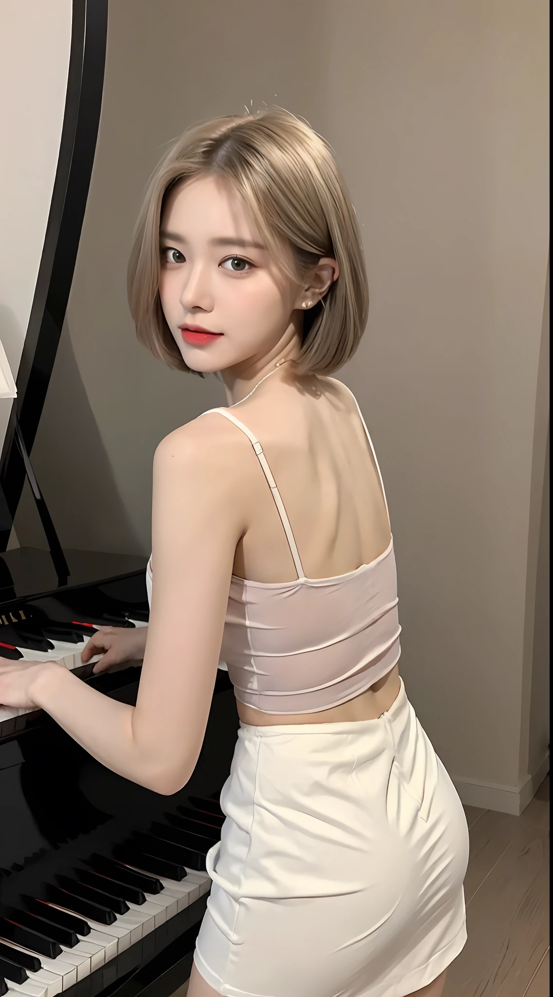 Playing piano, ((best quality, 8k, masterpiece: 1.3)), focus: 1.2, perfect body beauty: 1.4, buttocks: 1.2, ((layered haircut: 1.2)), (dark street: 1.3), (highly detailed face and skin texture: 1.3), full body, delicate eyes, double eyelids, whitened skin, (hairstyle casual, no big breasts: 1.2), (short skirt: 1.6)