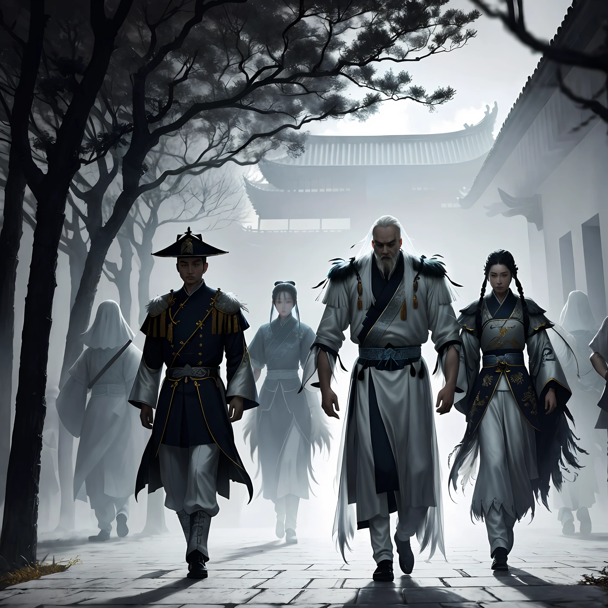 Extreme picture quality, Xuanzheng Hall's night scene painting, extremely delicate, dark feathers of ghost soldiers strolling outside the house, white clothes, strange atmosphere, atmosphere psychedelic, depth of field effect,
