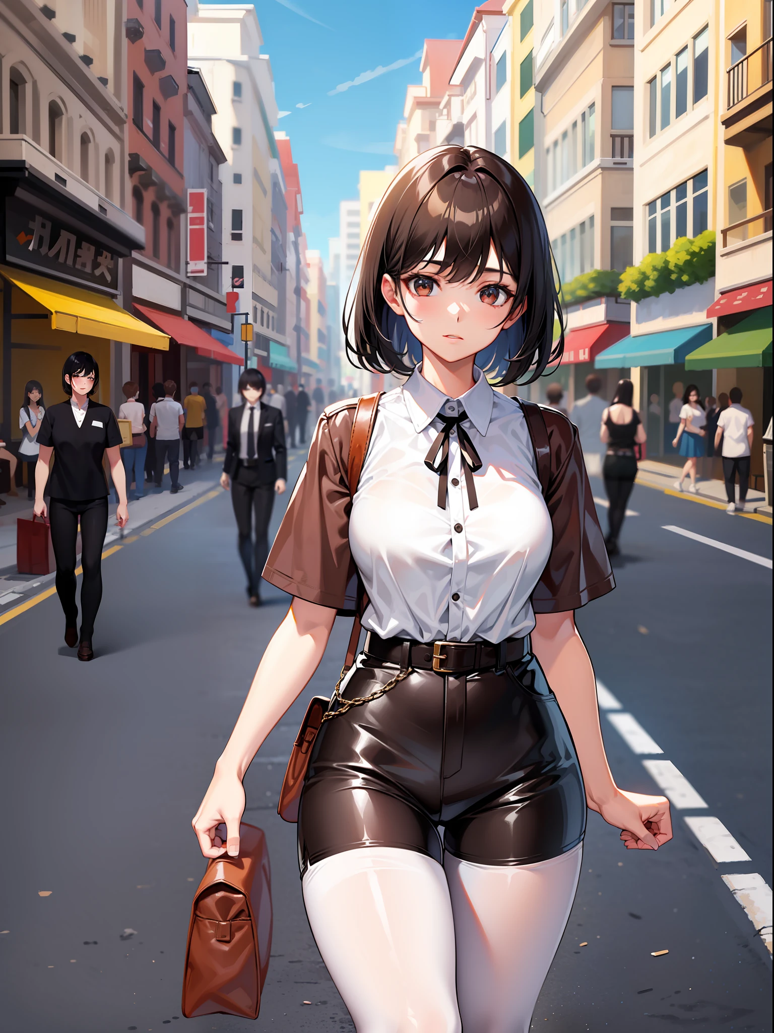 Black hair short, short brown clothes with white collar sleeves, brown shorts, white waist belt, color pantyhose, girl, outdoor
