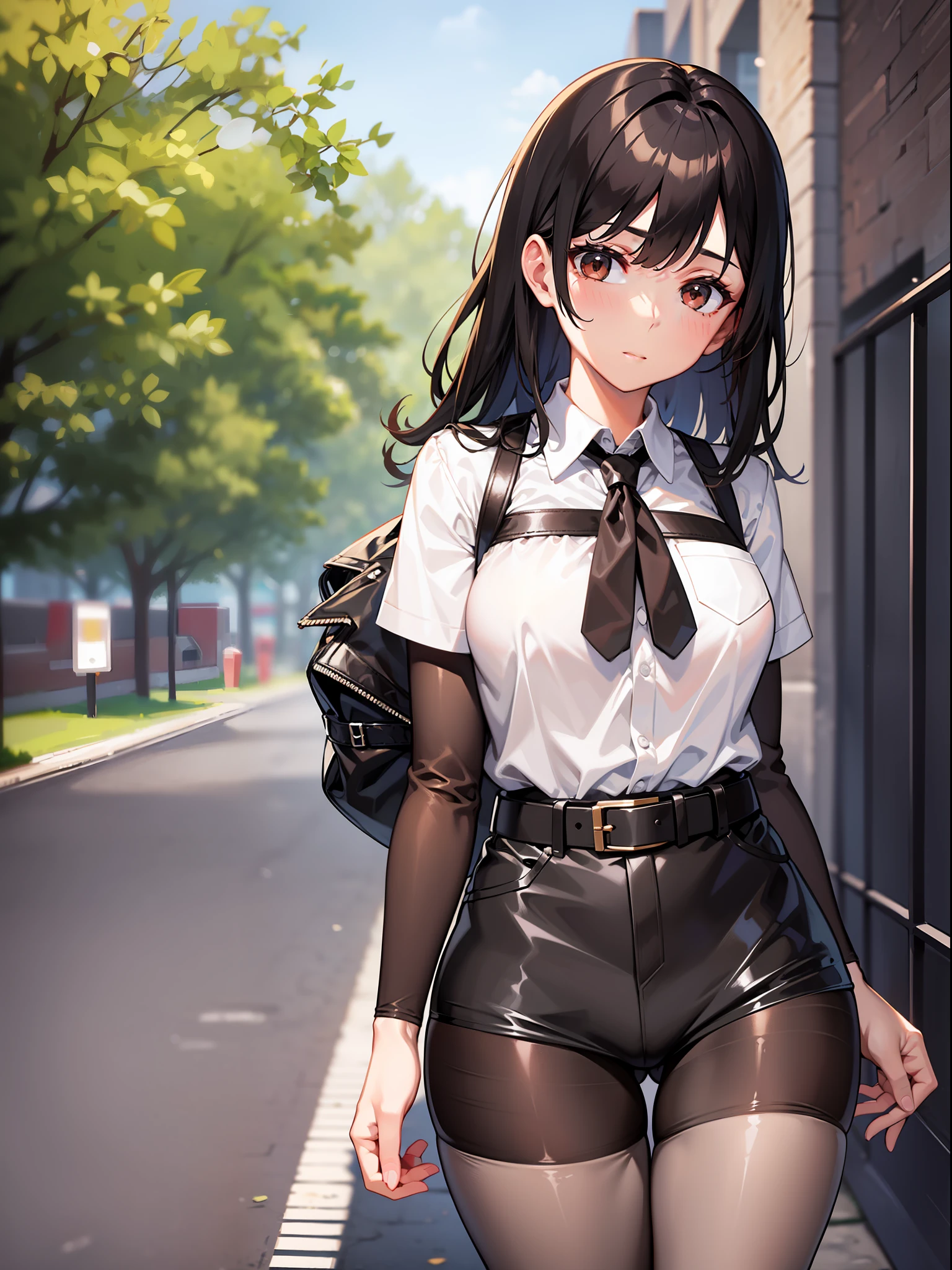 Black hair short, short brown clothes with white collar sleeves, brown shorts, white waist belt, color pantyhose, girl, outdoor