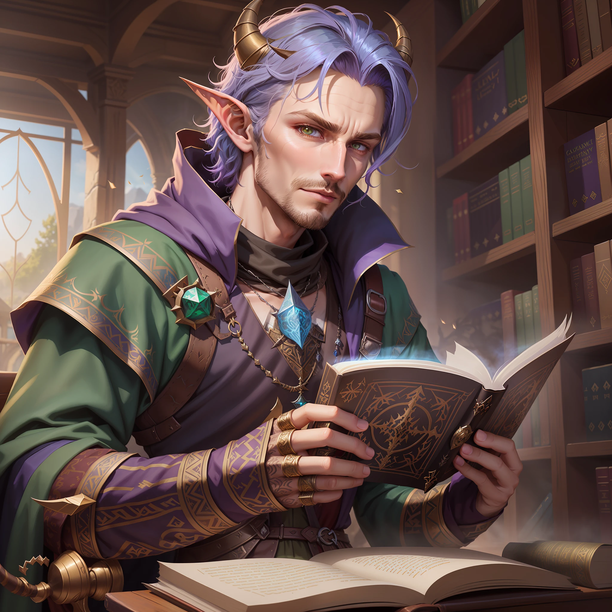 There is a long-horned man reading a book in the library, RPG book portrait, male portrait, fantasy RPG book illustration, male craftsman, casimir art, finned wild cloak portrait, beautiful male elf, fantasy type portrait, RPG portrait concept art, mage portrait, demon horn detailed facial depiction realistic dnd illustration heterochromic pupil young man dnd digital art