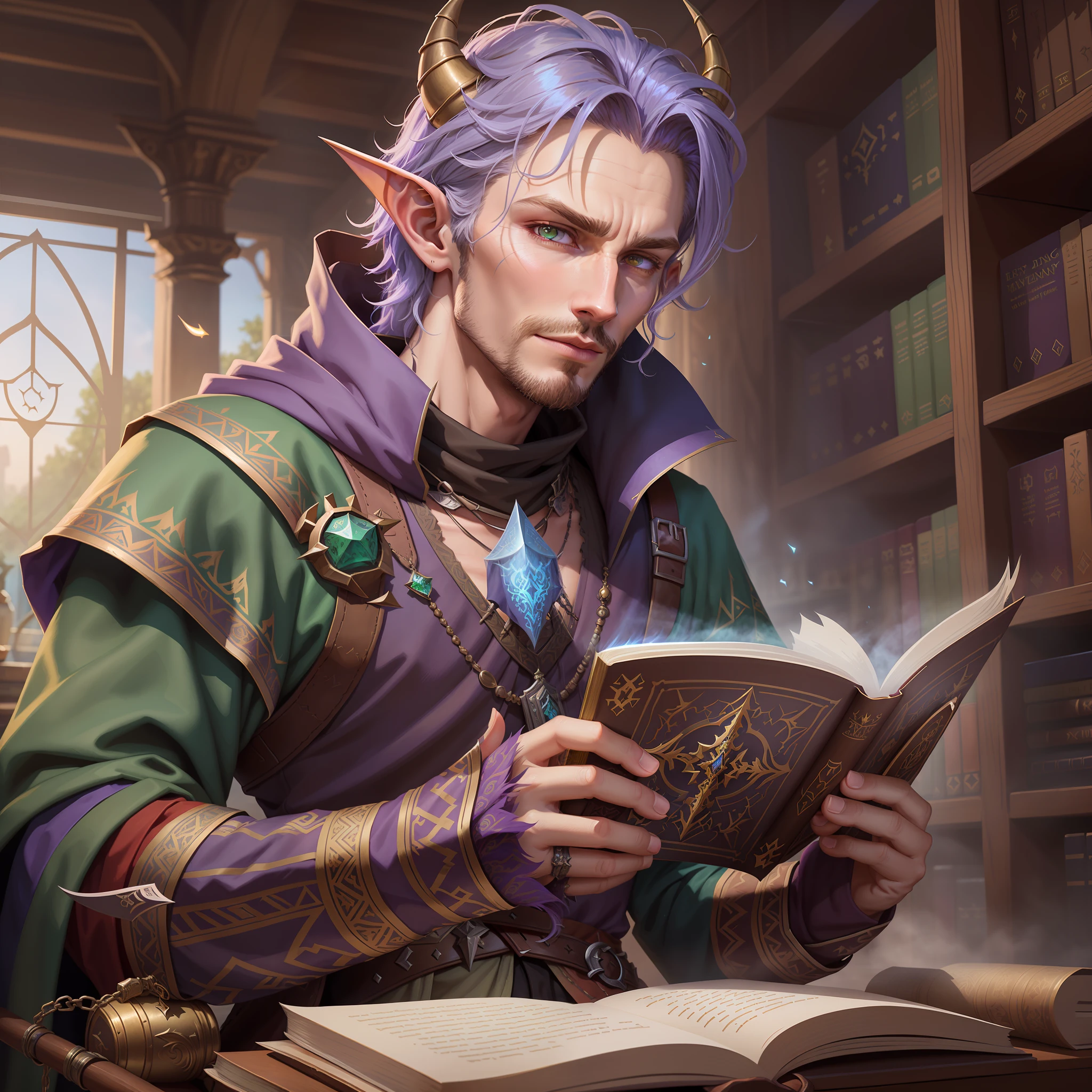 There is a long-horned man reading a book in the library, RPG book portrait, male portrait, fantasy RPG book illustration, male craftsman, casimir art, finned wild cloak portrait, beautiful male elf, fantasy type portrait, RPG portrait concept art, mage portrait, demon horn detailed facial depiction realistic dnd illustration heterochromic pupil young man dnd digital art