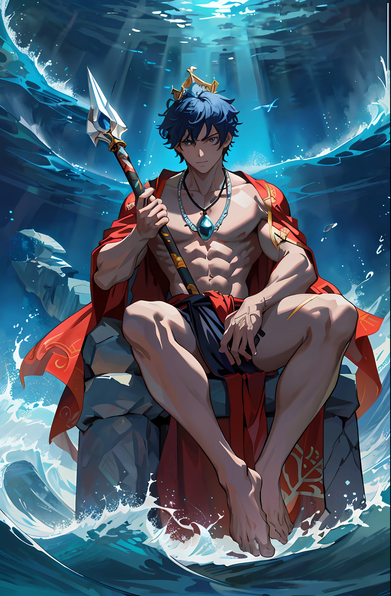 anime character sitting on a rock in the ocean with a sword, god of the ocean, the god of the sea, wallpaper anime blue water, badass anime 8 k, the god poseidon, handsome guy in demon slayer art, 4 k manga wallpaper, holding his trident, anime art wallpaper 8 k, as an atlantean, beautiful male god of death