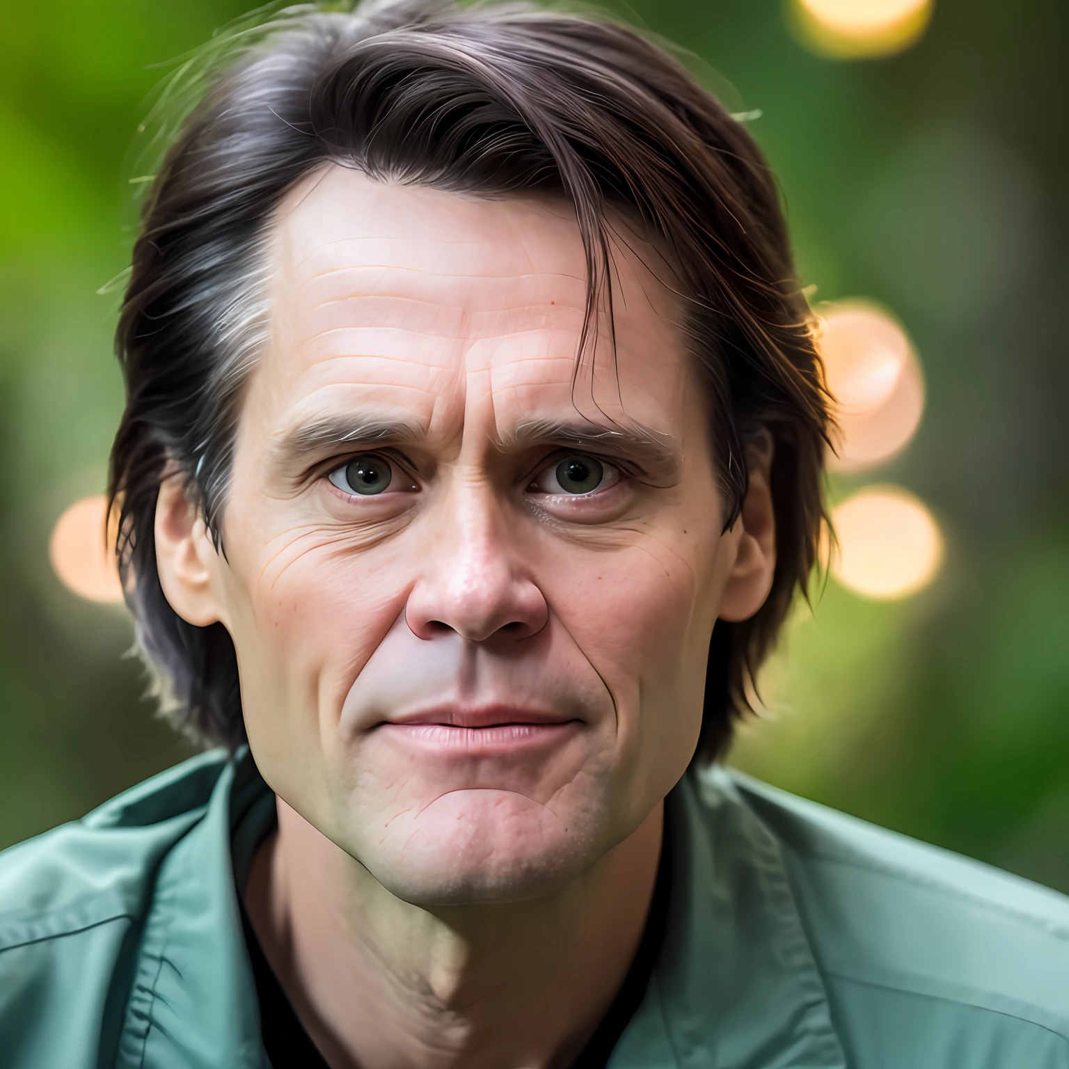 masterpiece, Jim Carrey walking through the jungle at night among fireflies, (high detail: 1 1), rough face, natural skin, high quality, nsfw, beautiful eyes, (detailed face and eyes), (face: 1 2), noise, extra, real photo, PSD, lamp film photography, sharp focus, contrast lighting, detailed skin, high resolution 8k, crazy detail, realistic, professional photography, 8k UHD, SLR camera, soft lighting, high quality, grain film, Fujifilm XT3