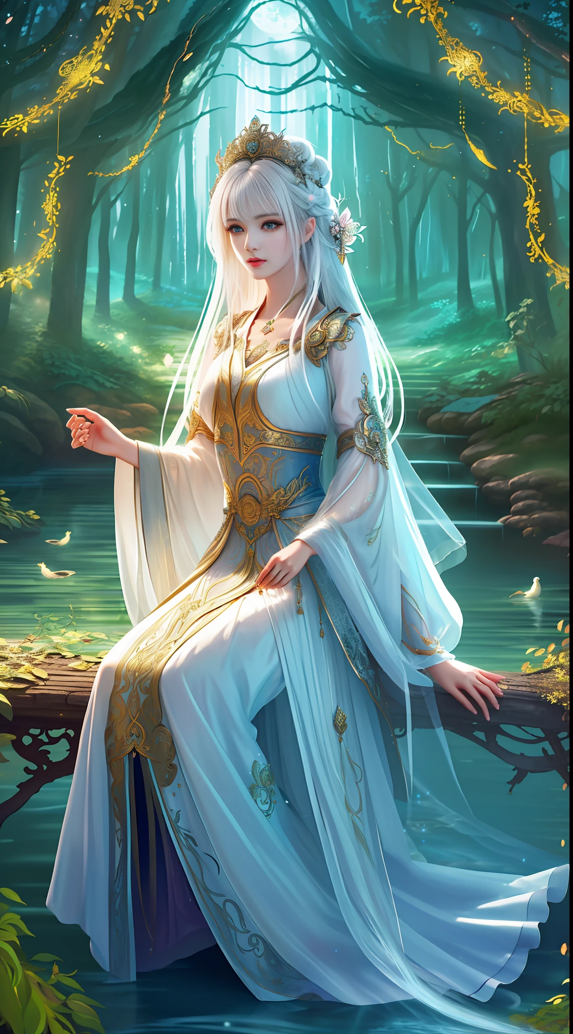 (((Excellent)), ((Masterpiece)), (detailed), white hair bangs princess black long hair, ethereal beauty, stunning dress, (fantasy illustration: 1.3), seductive eyes, charming posture, exquisite facial features, otherworldly charm, mysterious sky, (Luis Royo:1.2), (Yoshitaka Amano:1.1), moonlit night, pastel colors, (detail cloud: 1.3), (high resolution: 1.2), a woman, in the forest, sitting on a vine, A stream flows under your feet,