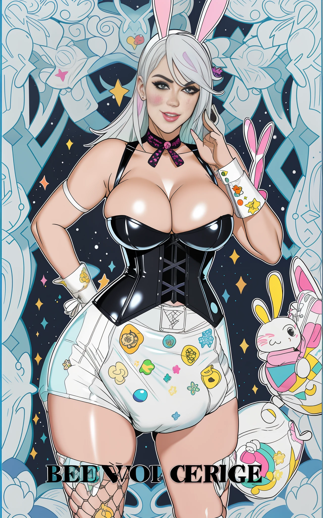 Sexy busty woman wearing (big diaper), magical, colorful, detailed, surprised, happpy, huge inflated breasts, wide hips, seductive, bokeh, (latex), cleavage, fishnets (bunny ears), corset