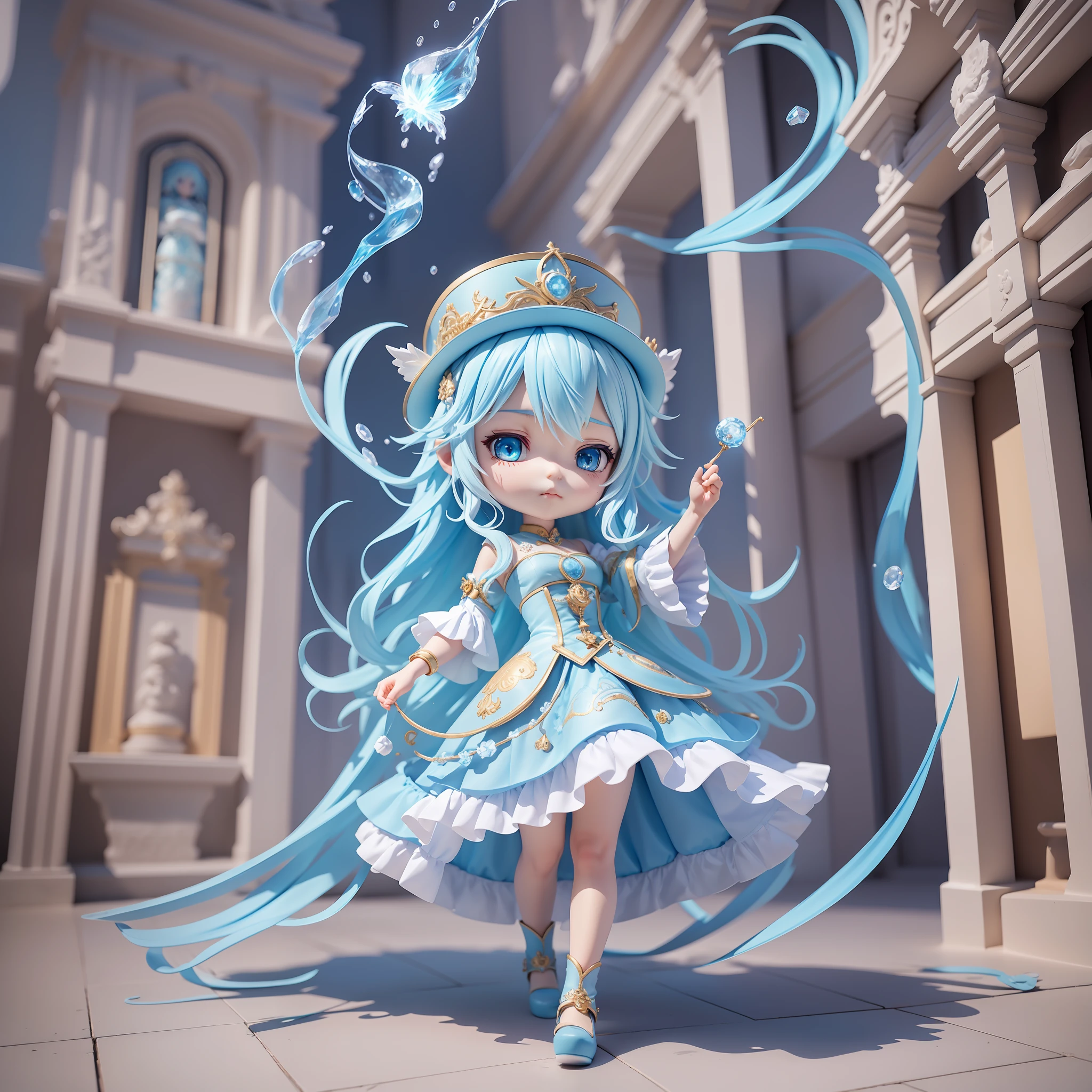 Masterpiece, best quality, lots of detail, (full body:1.2), chibi, ice girl, light blue hair, magician long dress, high cold, close eyes, 3D rendering, Q printmaking style