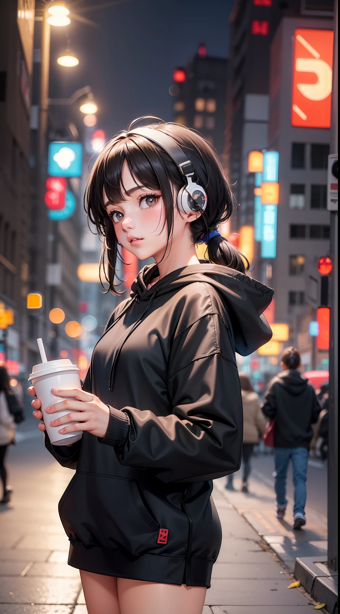 A beautiful girl, wearing oversize black hoodie, wearing headphone, holding a cup of coffee, standing in the middle of the street, night, (masterpiece), (best quality), (ultra detailed),(disheveled hair),(illustration), (1girl),best lighting
