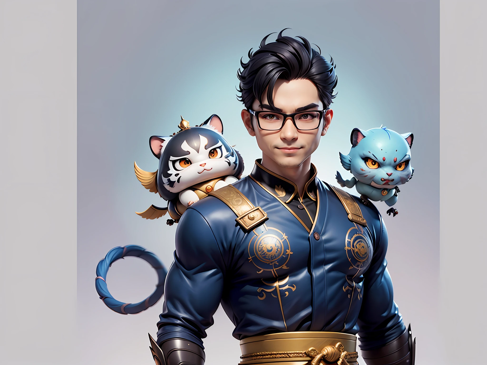 (Masterpiece), (Excellent), (Super Meticulous), (Full Body: 1.2), Super Young Man with Japanese Female Geisha, Pretty, Beautiful, Chinese Dragon, Tiger, Wind God Thor, Sexy, Bursting, Oriental Face, TV Anchor, Bust Portrait Illustration, Black Suit, Blue Tie, Slightly Chubby Face, Silver Glasses, Very Clean Face, No Beard on Chin, Black Super Short Hair, Black Eyes, Confident Smile, 3c Computer Sub-Products, iPad, iPhone, Digital Painting, 3D character design by Mark Clairedon and Pixar and Hayao Miyazaki and Akira Toriyama, the illustrations are HD illustrations in 4K resolution with highly detailed facial features and cartoon-style visuals.