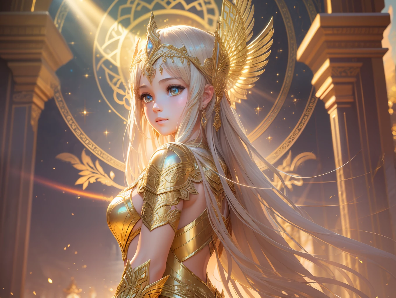 award winning concept art of (1girl:1.2) in golden intricate armor, outdoors, god rays, centered, (masterpiece:1.2), (best quality:1.2), Amazing, highly detailed, beautiful, finely detail, warm soft color grading, Depth of field, extremely detailed 8k, fine art, stunning, iridescent, shiny, light reflections, crisp