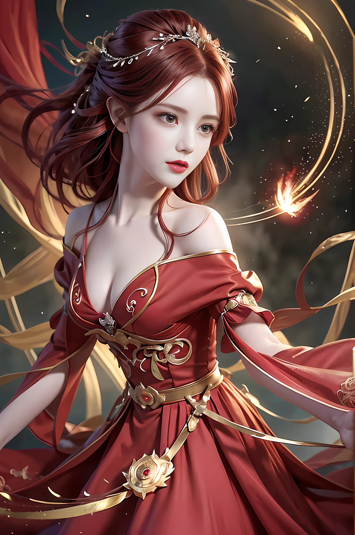 (Masterpiece, Top Quality, Best, Official Art, Beautiful and Aesthetic, Long Exposure: 1.2), Smooth Movement, Glamorous Pattern, 1 Girl, (Long Skirt with Sleeves: 1.3), (((Red Hair Red Dress))), Upper Body Close-Up, No Shoulders, Chinese Girl, Blush, Black Lob Hair, Portrait, Solo, Upper Body, Gaze Observer, Detailed Background, Detailed Face, (crystallineAI, crystalline theme: 1.1), Elemental Wood Elf, Spinner Flame, Control Flame, Red Clothes, Dynamic Pose, Floating Particles, Ethereal Power, Flame, Vapor, Forest in the Background, Ethereal Atmosphere --Naji5 --AR4:3 ---S750 --Q2 --v6