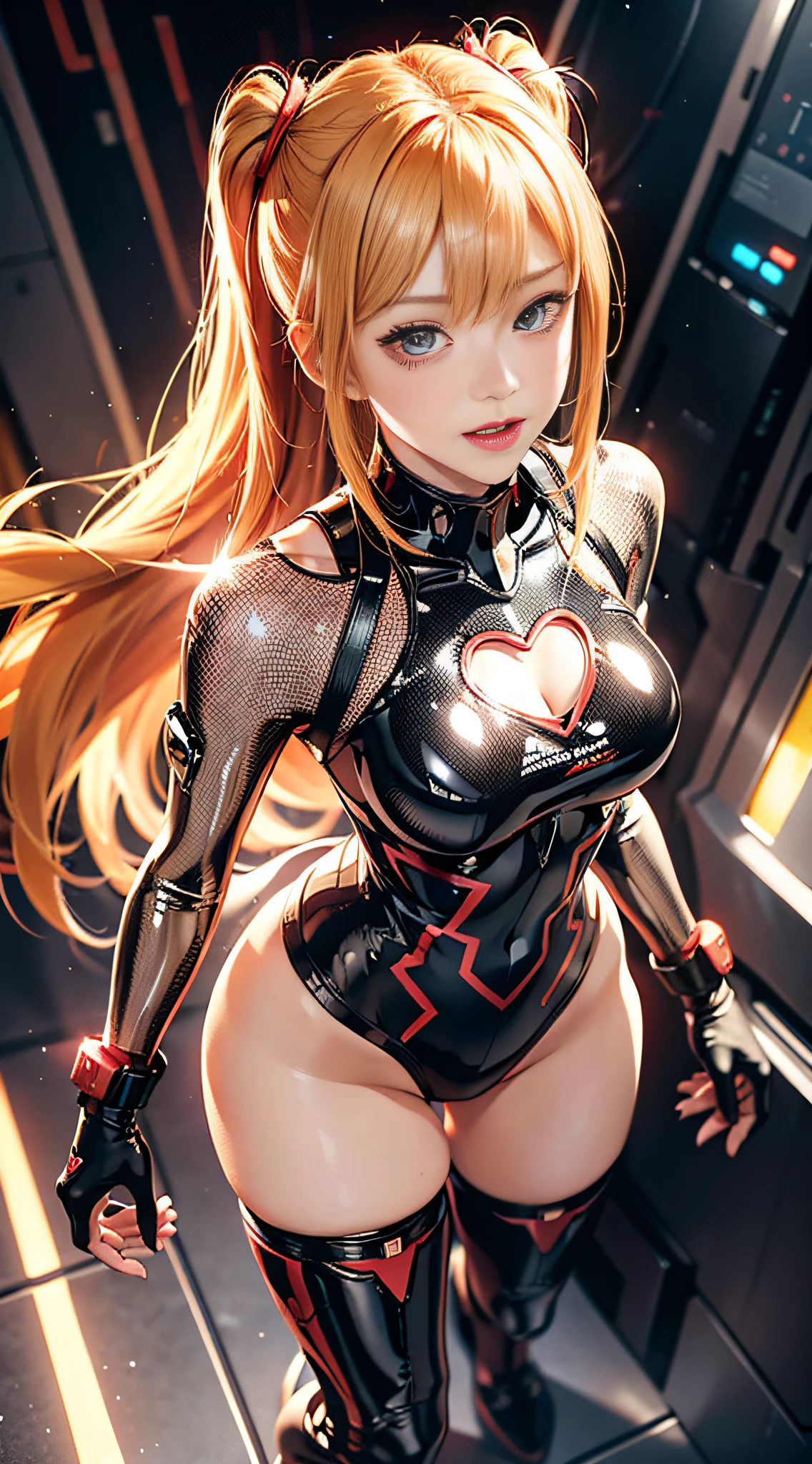 Asuka, her hair is a long blonde double ponytail, wearing a full red EVA pilot combat suit, high heels on her feet, a tsundere girl, slender, juvenile, with almond-shaped sky blue eyes, long eyelashes, shiny lips, proud and playful expression, standing in front of the red mech, full body portrait, hair bobbles, longeyelashes, light smile, ear blush, fang, blonde hair, twintails, heart-shaped pupils, Surrealism, drop shadow, stereogram, tachi-e, pov, atmospheric perspective, Futurism, anime style, cinematic lighting, sparkle, ray tracing, drop shadow, speed lines, tachi-e, diffraction spikes, f/16, 8k, super detail, ccurate, best quality, retina, masterpiece, award winning, textured skin