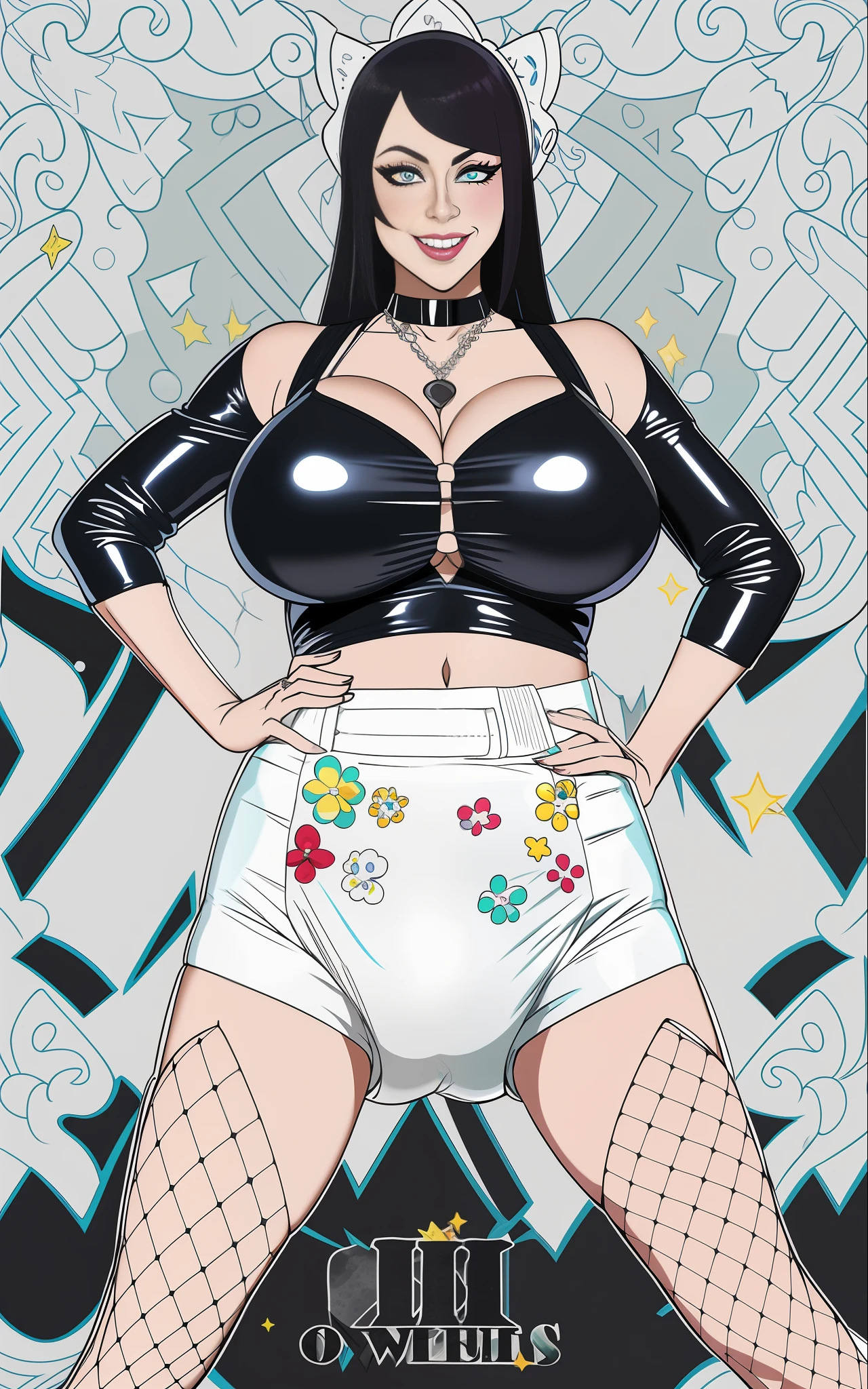 Sexy busty woman wearing (big diaper) magical, colorful, detailed, surprised, happpy, huge inflated breasts, wide hips, seductive, ((mommydom)), bokeh, (latex), cleavage, fishnets, goth, ahego, beautiful eyes, smirking, white teeth