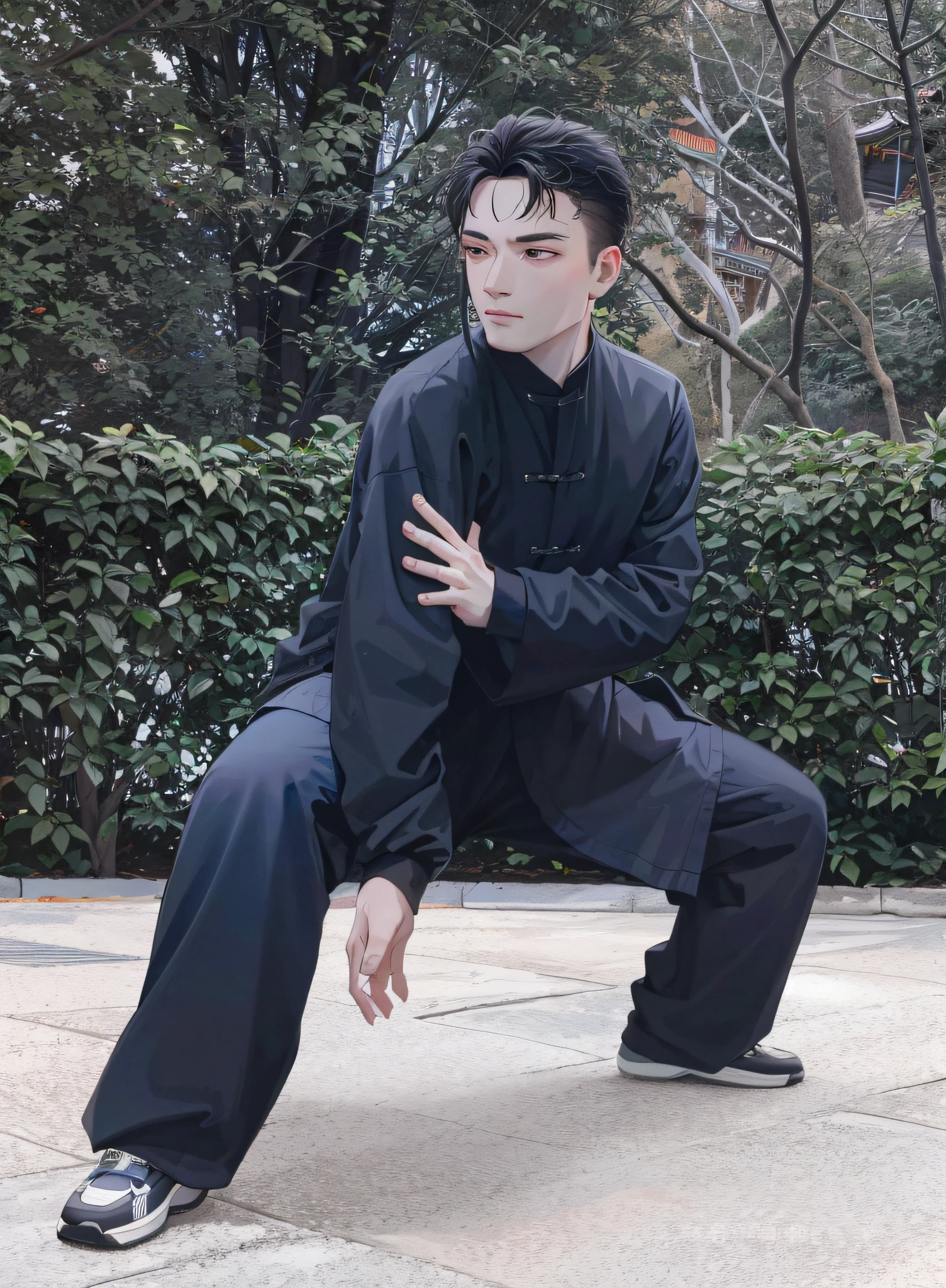 there is a man in a black outfit doing a taido, inspired by Liao Chi-chun, inspired by Ma Quan, inspired by Shen Quan, inspired by Zhao Mengfu, inspired by Xiang Shengmo, inspired by Li Shixing, inspired by Cao Buxing, inspired by Cheng Zhengkui, changquan