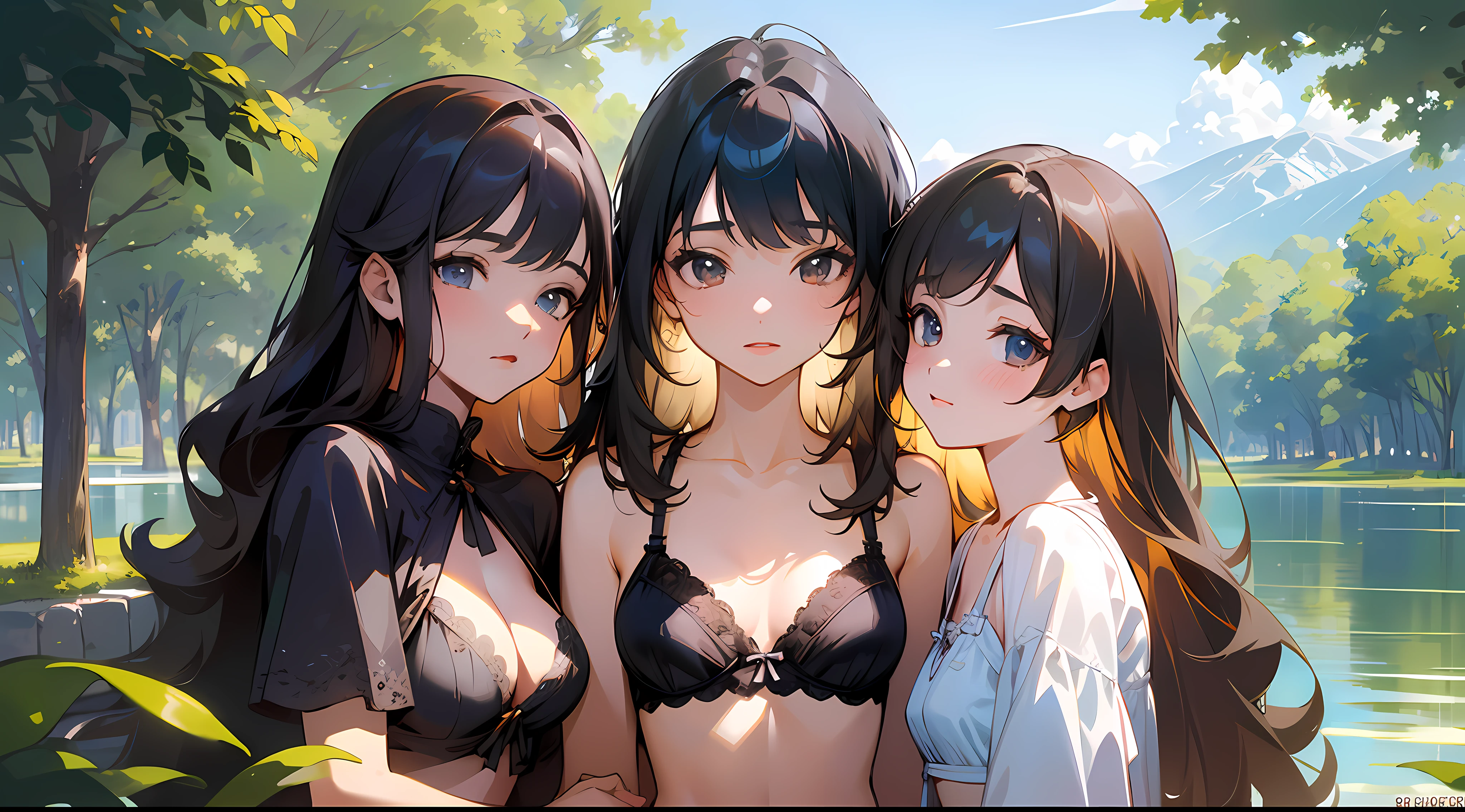 (masterpiece:1.2, best quality), (finely detailed eyes and detailed face:1.2), (scenery :1.2), (extremely detailed CG, ultra-detailed, best shadow:1.1), ((depth of field)), beautiful concept illustration, (illustration:1.1), (extremely fine and beautiful:1.3), (perfect details:1.1), (3 girls), perfect hands, long wavy hair, (princesses),shirtlift, bra (3 different girls), (public lake:1.1), ((only underwear:1.2)), --s2