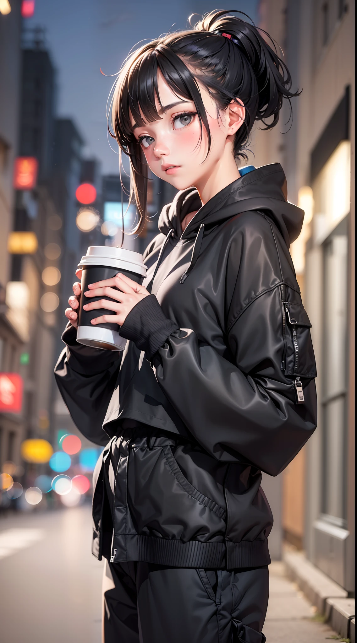 A beautiful girl,  wearing oversize black hoodie, wearing a blue cargo pant , wearing headphone,  holding a cup of coffee,  standing in the middle of the street,  night, (masterpiece), (best quality), (ultra detailed),(disheveled hair),(illustration), (1girl),best lighting