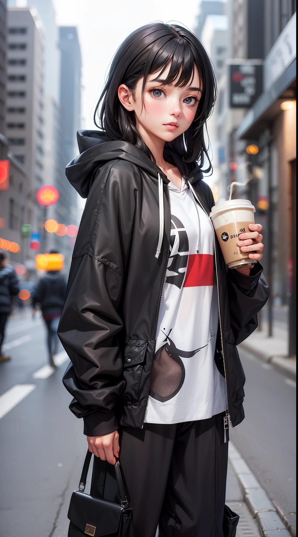 A beautiful girl,  wearing oversize black hoodie, wearing a blue cargo pant , wearing headphone,  holding a cup of coffee,  standing in the middle of the street,  night, (masterpiece), (best quality), (ultra detailed),(disheveled hair),(illustration), (1girl),best lighting