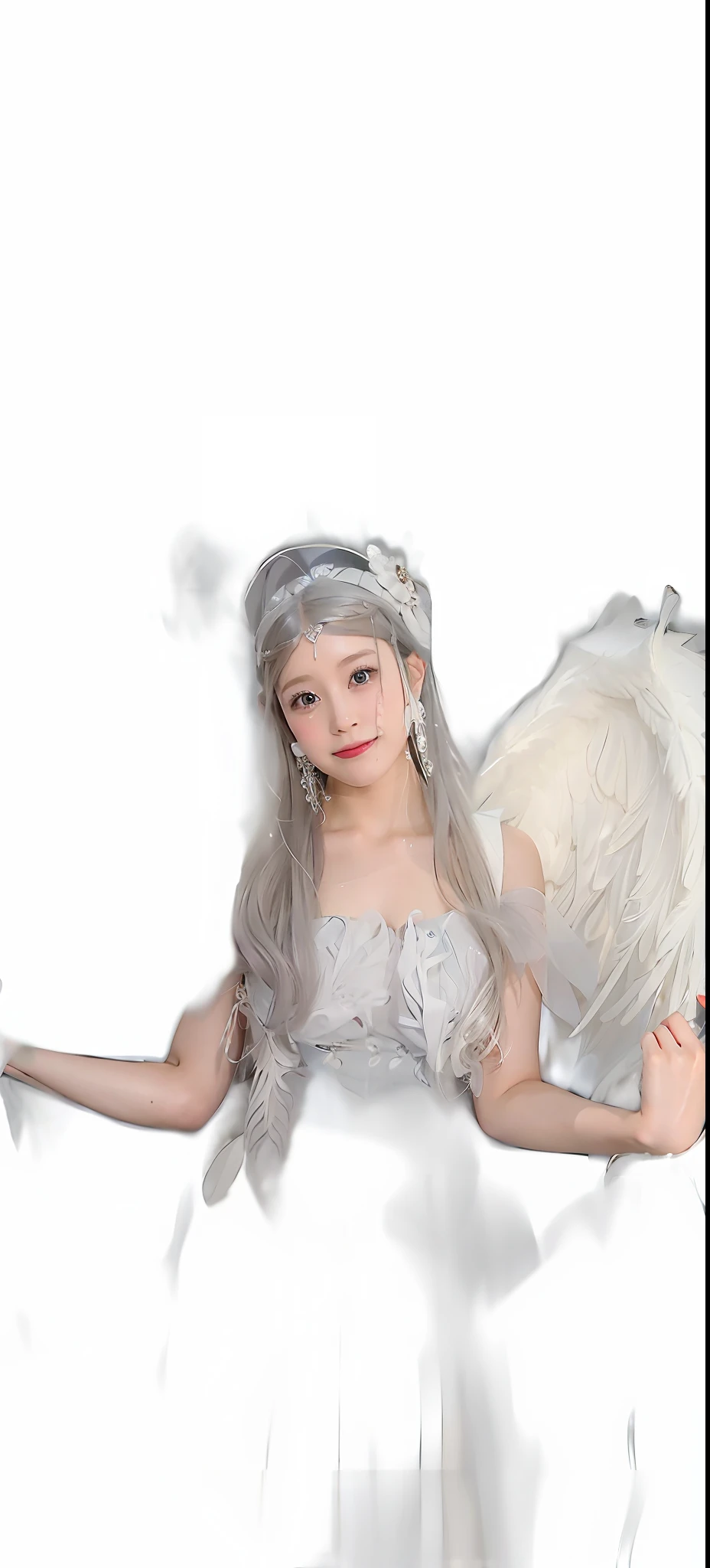 "A young angel girl in a white dress with white angel wings, beautiful, ethereal, with a serene atmosphere, with an EOS R 6 camera 1.2 times the shooting effect, highlighting the imagination of angels in anime cosplays, with 1.3 times the angel aura, more sacred, and at the same time full body work by Ji Ta, full of powerful angel images, a work carefully designed for promoting cosplay (optionally add 0.8 promotional slogan) on the beach"