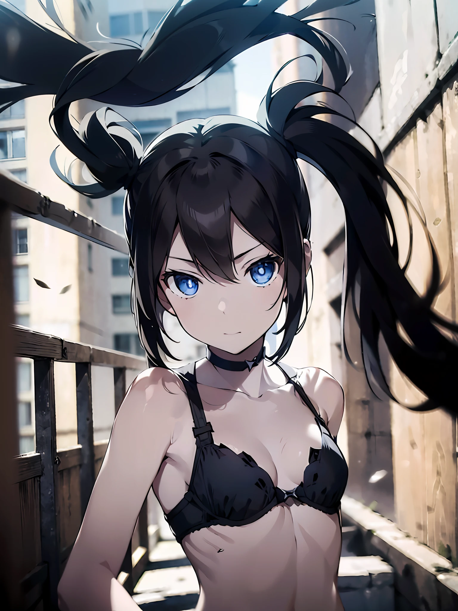 1girl, (solo:1.2), ((masterpiece)), (shadow), [slim], (small breasts), ((sharp focus)), pale skin, ((detailed eyes)), (blurry background), black rock shooter, twintails, bra, black hair, shorts, armpits, collarbone, big lance