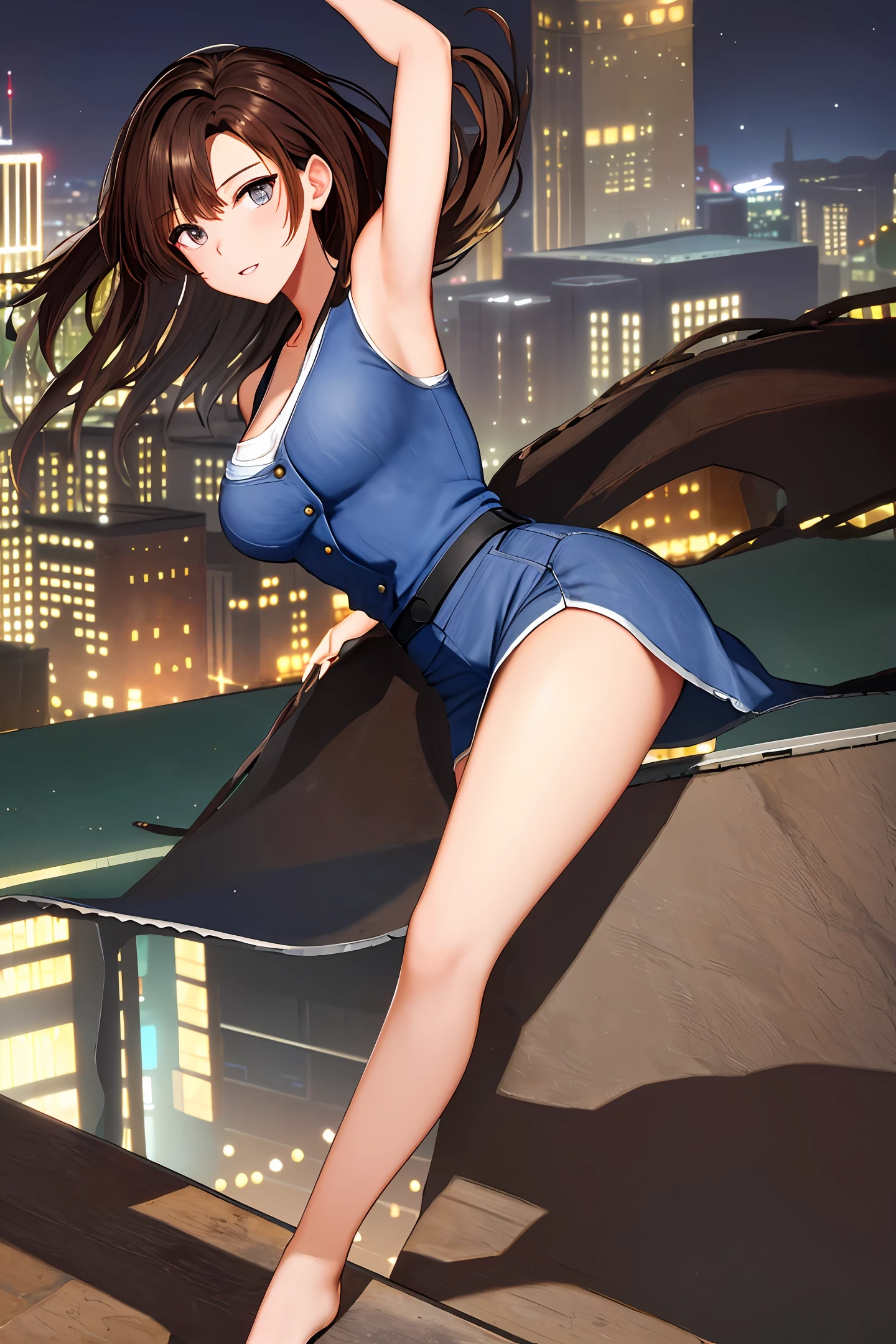 ((Midnight, Best Quality, 8k, Masterpiece: 1.3)), Full Body, Long Legs, Sharp Focus: 1.2, Pretty Women with Perfect Figure: 1.4, Slender Abs: 1.1, ((Dark Brown Hair, Big: 1.2)), (Sheer White Tight T-Shirt, Jean Bib, Standing: 1.2), ((Night City View, Rooftop: 1.3)), Highly Detailed Face and Skin Texture, Detailed Eyes,