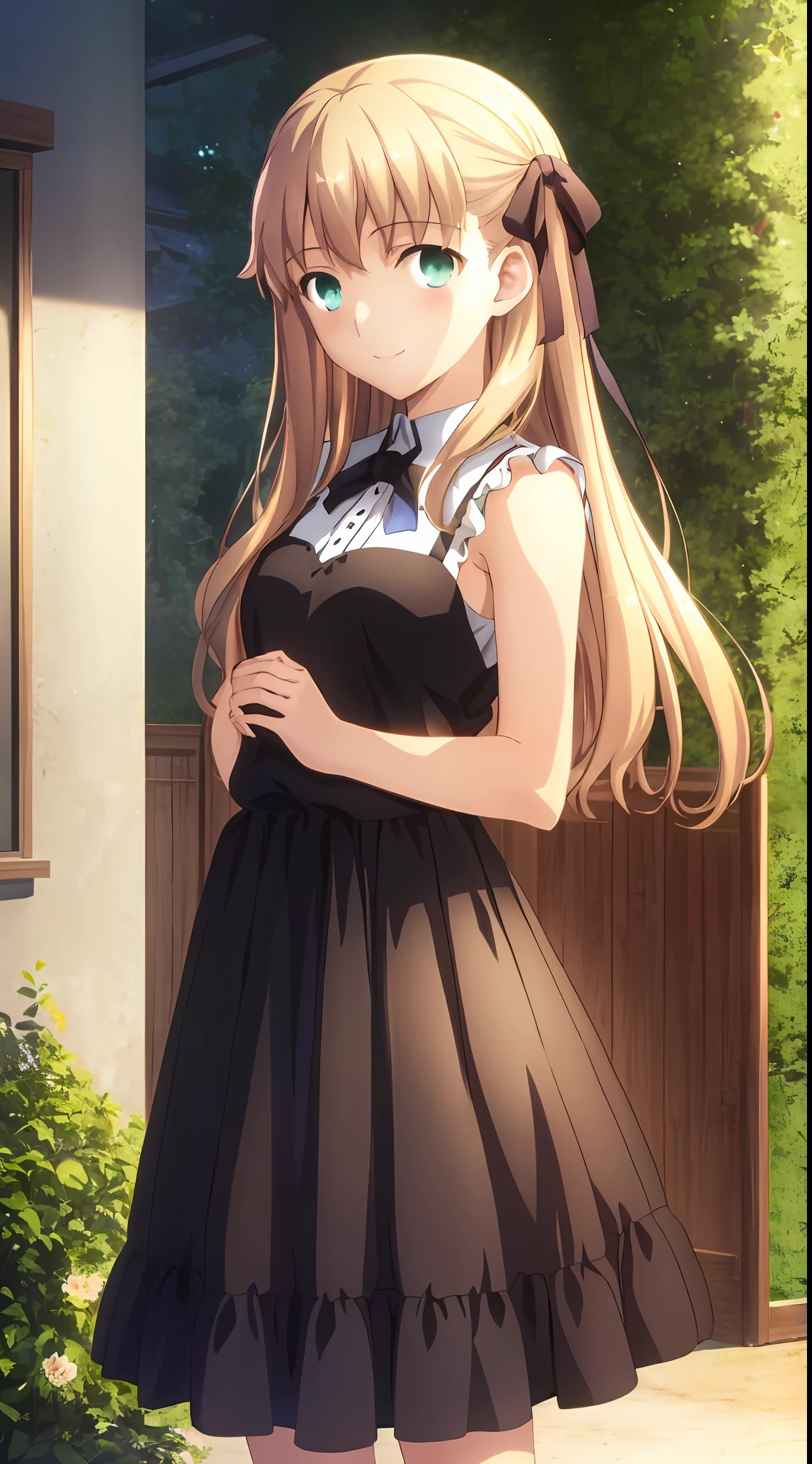 (masterpiece, best quality, ultra resolution, high-res, ufotable screen cap, official art, closeup), a cute and happy girl, 1girl, solo, blonde very long hair, green eyes, detailed eyes, beautiful detailed eyes, hands behind back, arms behind back, sleeveless white shirt, black skirt, (small breasts, Loli:1.2), big smile, happy, cute, looking at viewer, indoors, very very cute, soft expression