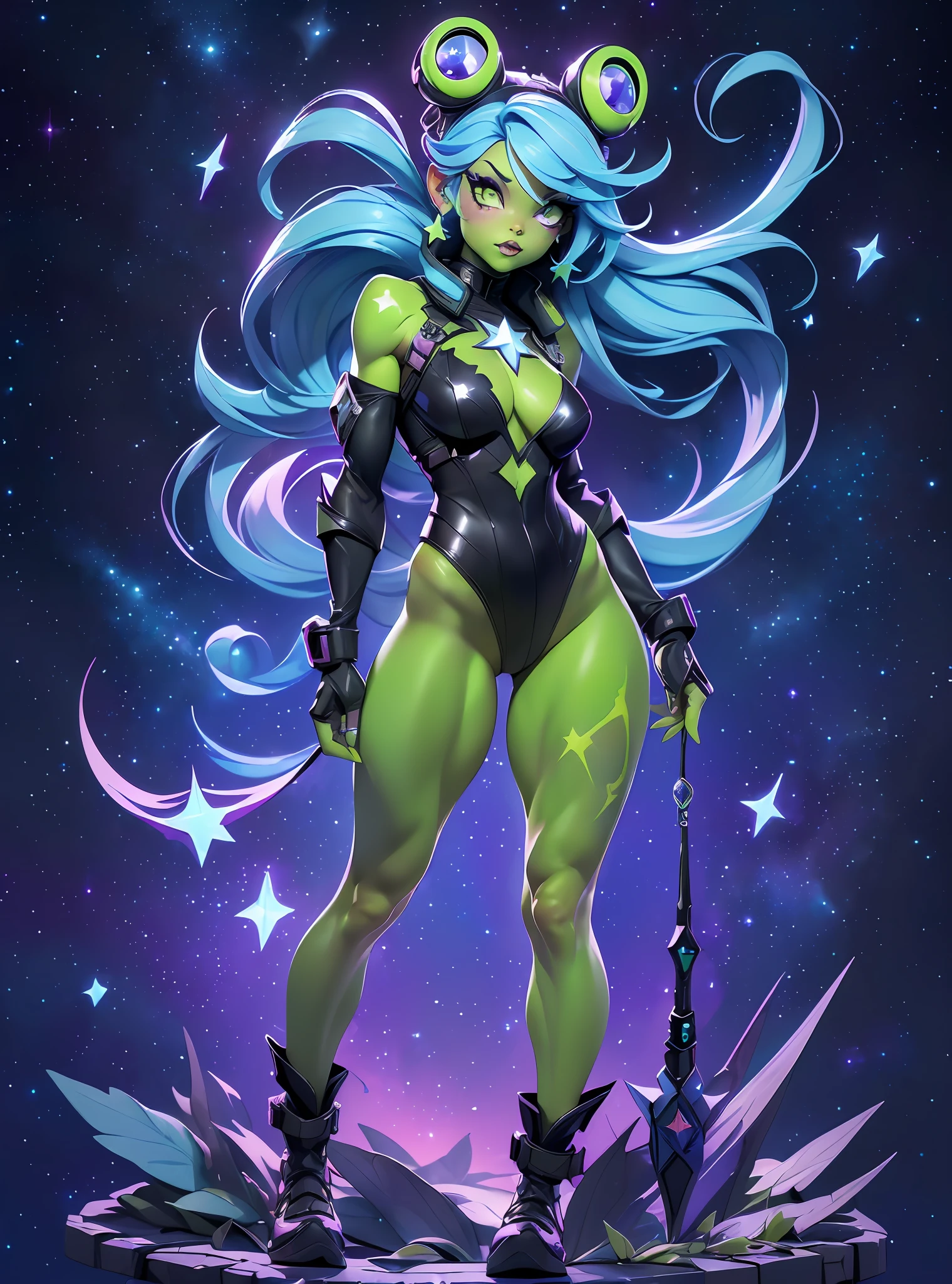 ((Best Quality)), ((Masterpiece)), ((Realistic)) and watercolor drawing of a frog-girl  with goth colors. She has ((starlight hair)), wears a (small black micro-thong:star motif ) , ((beautiful and aesthetic)), muscular fit body abs, sexy, under-boobs, hot, (star filled sky background) (clear background:1.35), (particles ,firefly, blue glowing):1.3,