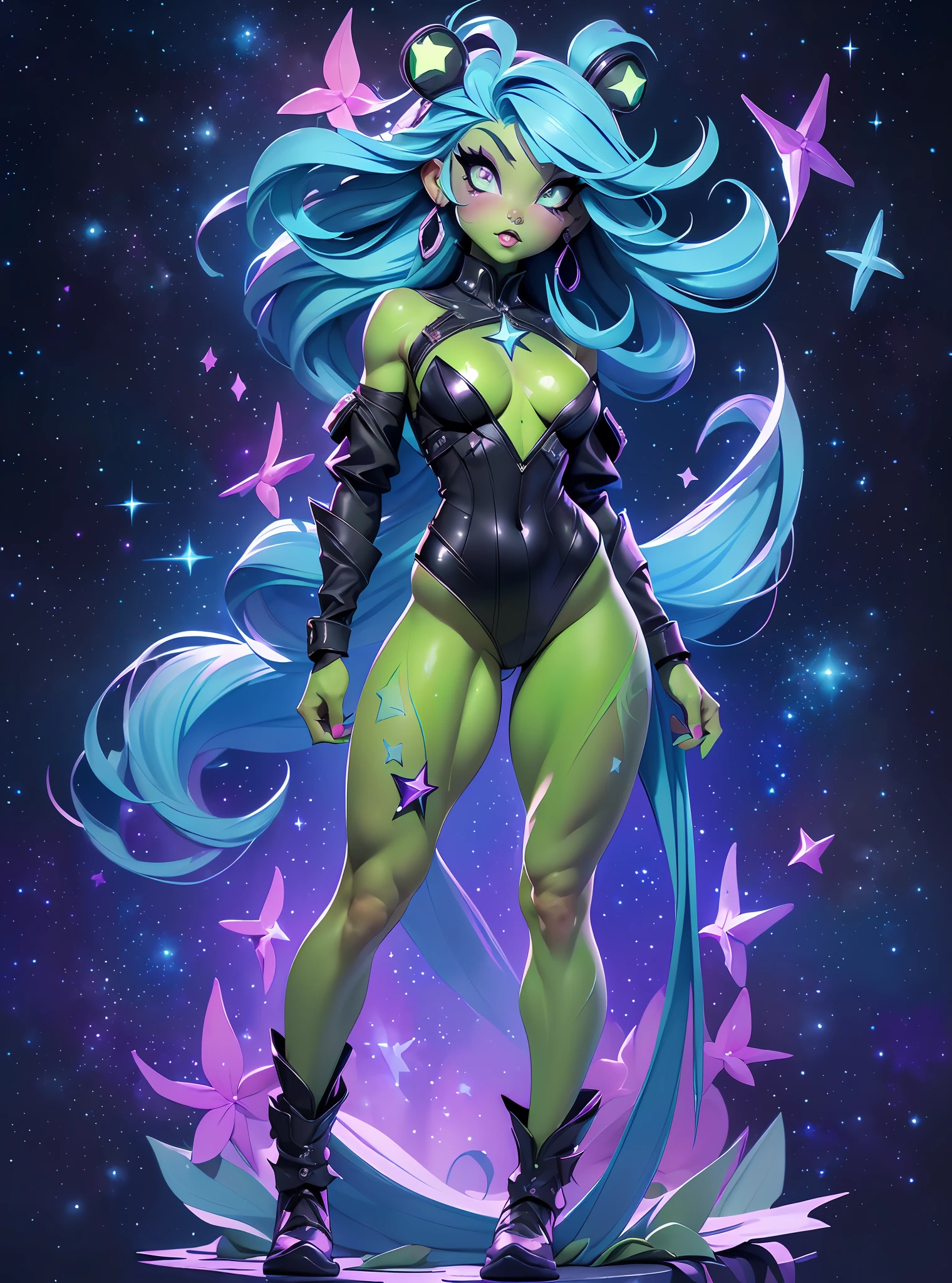 ((Best Quality)), ((Masterpiece)), ((Realistic)) and watercolor drawing of a frog-girl with goth colors. She has ((starlight hair)), wears a (small black micro-thong:star motif ) , ((beautiful and aesthetic)), muscular fit body abs, sexy, under-boobs, hot, (star filled sky background) (clear background:1.35), (particles ,firefly, blue glowing):1.3,