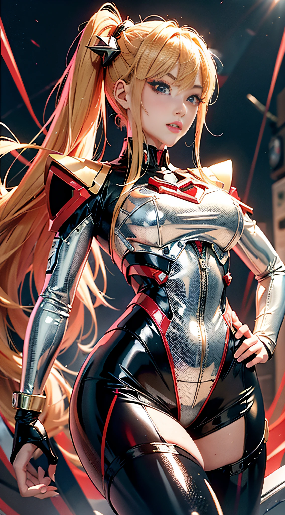 Asuka, her hair is a long blonde double ponytail, wearing a full red EVA pilot combat suit, high heels on her feet, a tsundere girl, slender, juvenile, with almond-shaped sky blue eyes, long eyelashes, shiny lips, proud and playful expression, standing in front of the red mech, full body portrait, hair bobbles, longeyelashes, light smile, ear blush, fang, blonde hair, twintails, heart-shaped pupils, Surrealism, drop shadow, stereogram, tachi-e, pov, atmospheric perspective, Futurism, anime style, cinematic lighting, sparkle, ray tracing, drop shadow, speed lines, tachi-e, diffraction spikes, f/16, 8k, super detail, ccurate, best quality, retina, masterpiece, award winning, textured skin